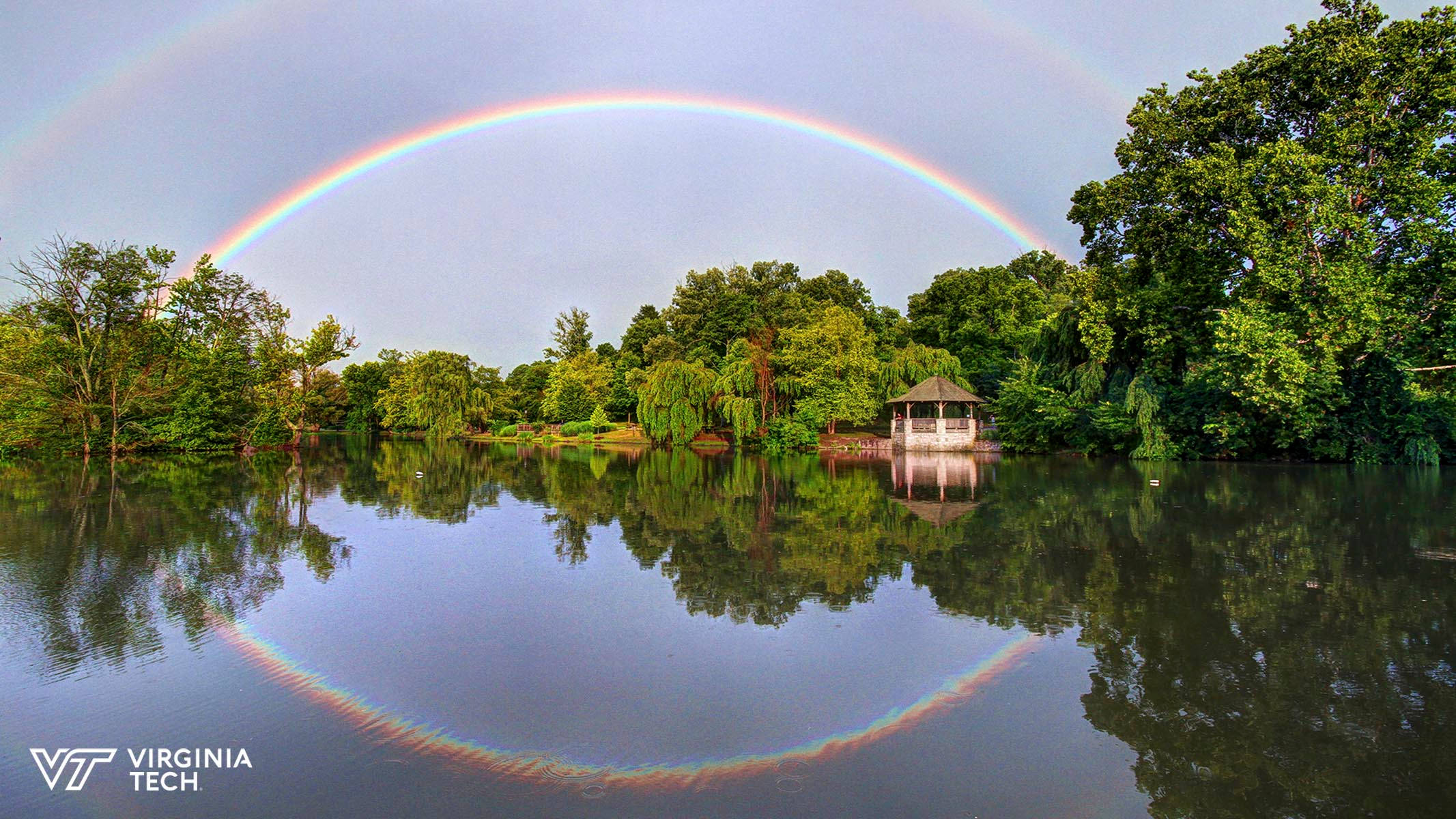Virginia Tech, double rainbow, tranquil lake, Full HD Desktop Wallpaper