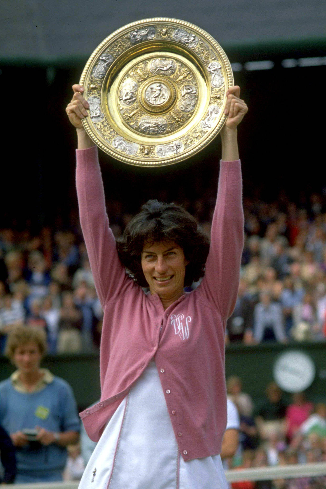 Virginia Wade, pink cardigan, ornate golden trophy, Full HD Phone Wallpaper