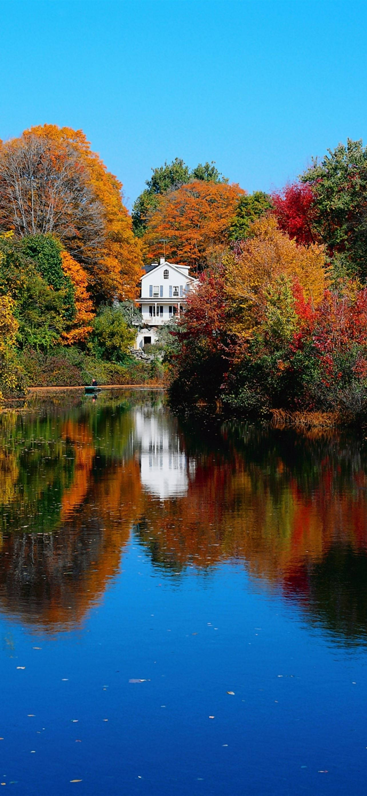 autumn, iPhone, lake house, 2K Phone Wallpaper