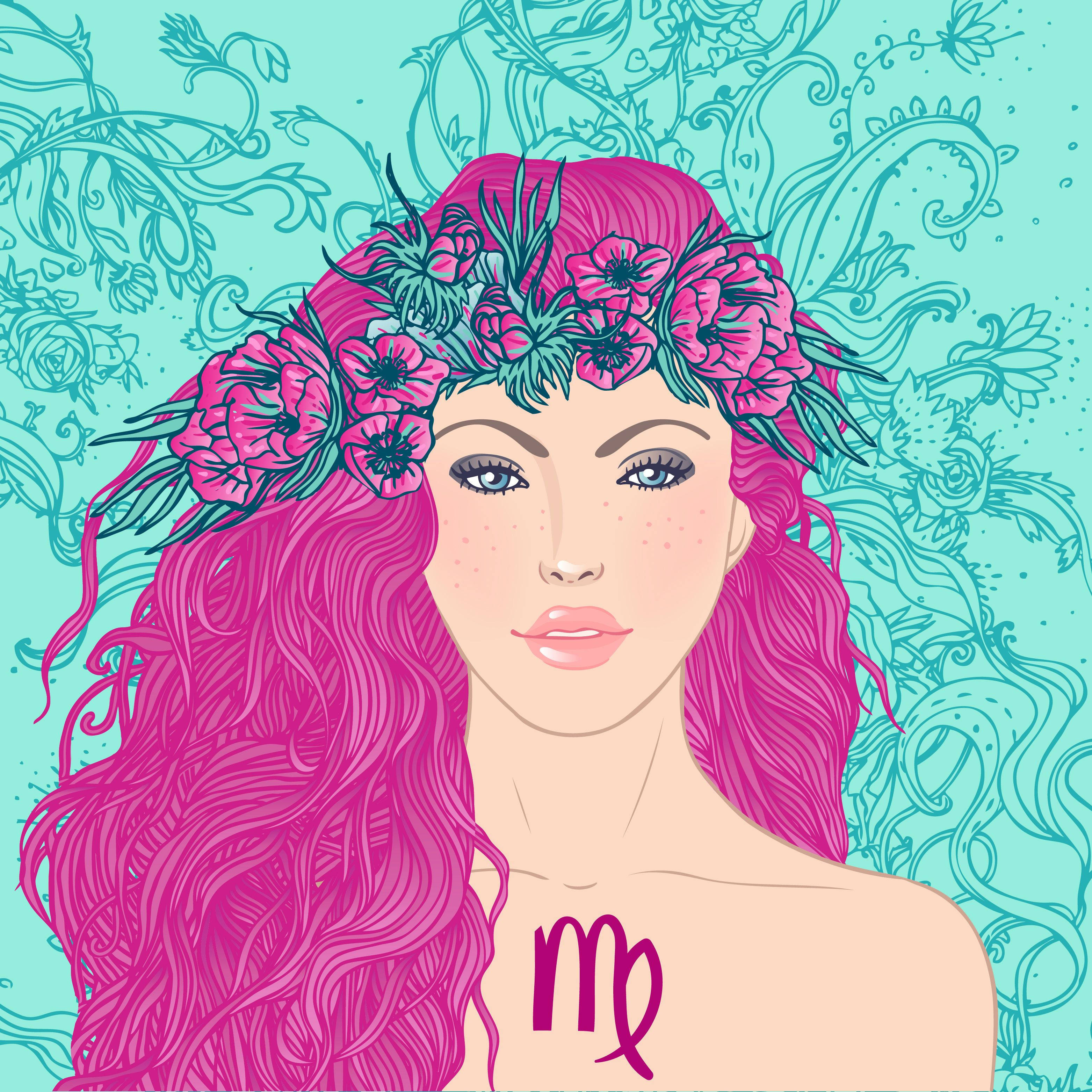 Virgo, zodiac lady, vibrant pink hair, 2K Desktop Wallpaper