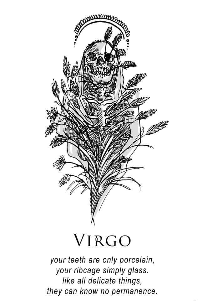 Virgo Aesthetic, black and white line drawing, skull, SD Phone Wallpaper