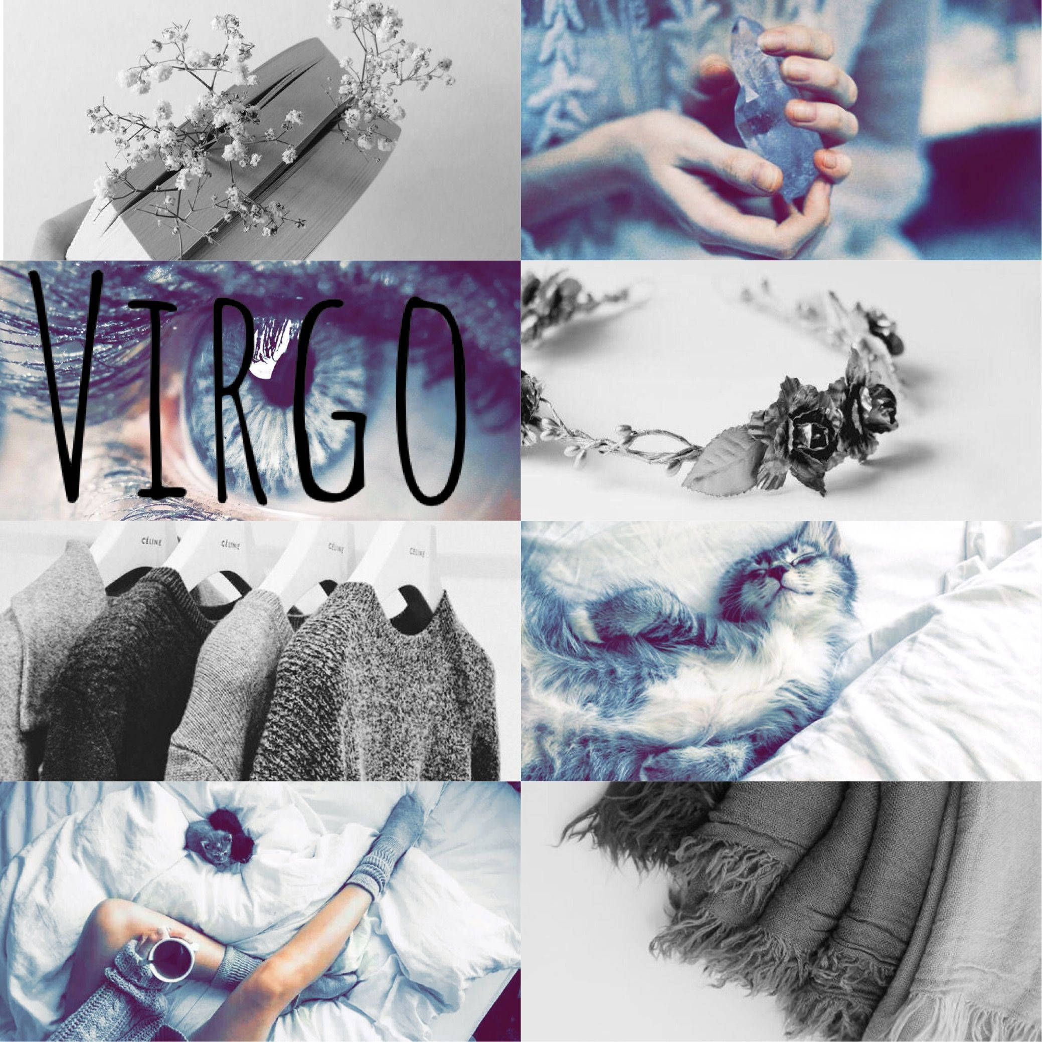 Blue And Grey Virgo Zodiac, cat sleeping, hands holding crystal, Full HD Desktop Wallpaper