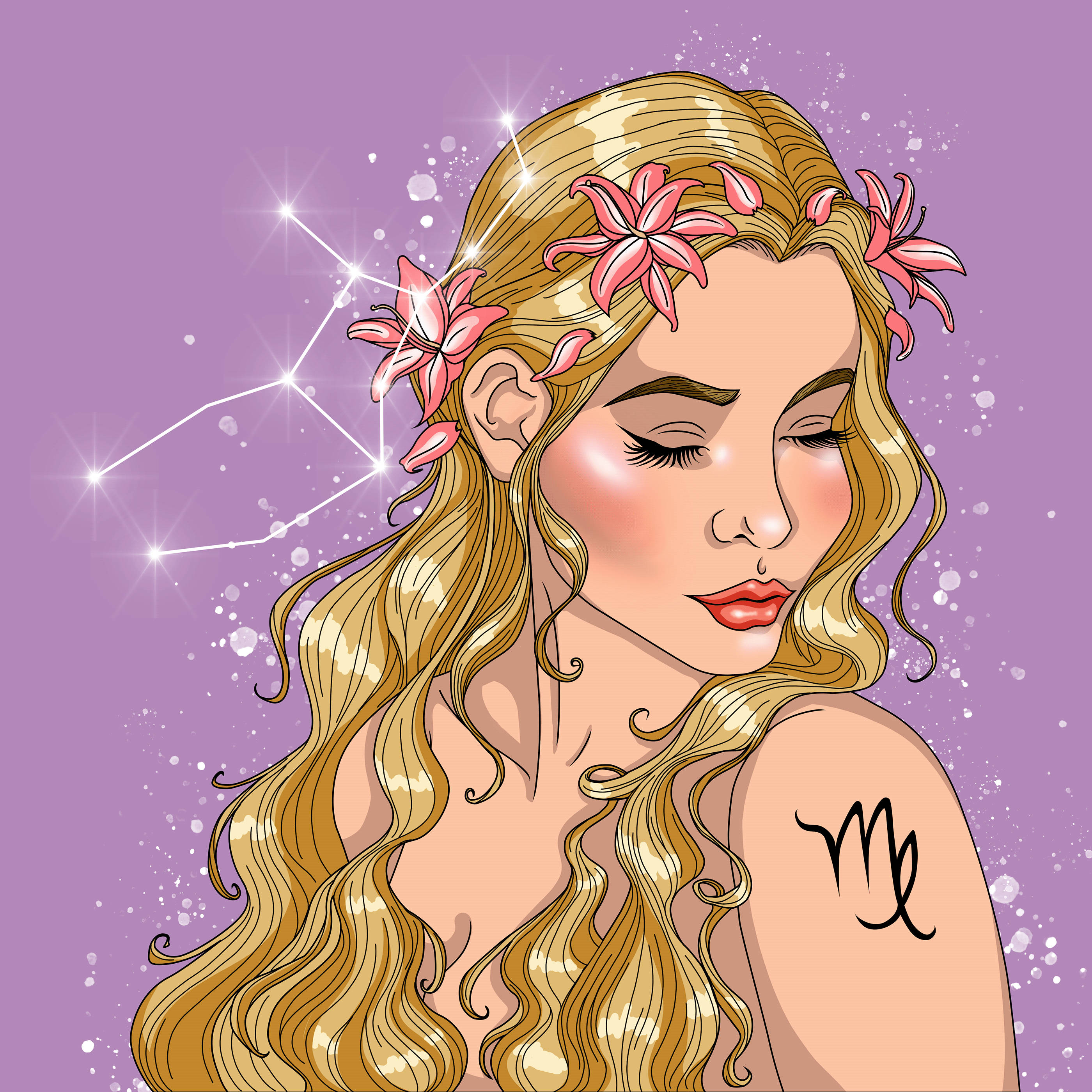Virgo constellation tattoo, golden curls, pink flowers in her hair, 2K Desktop Wallpaper