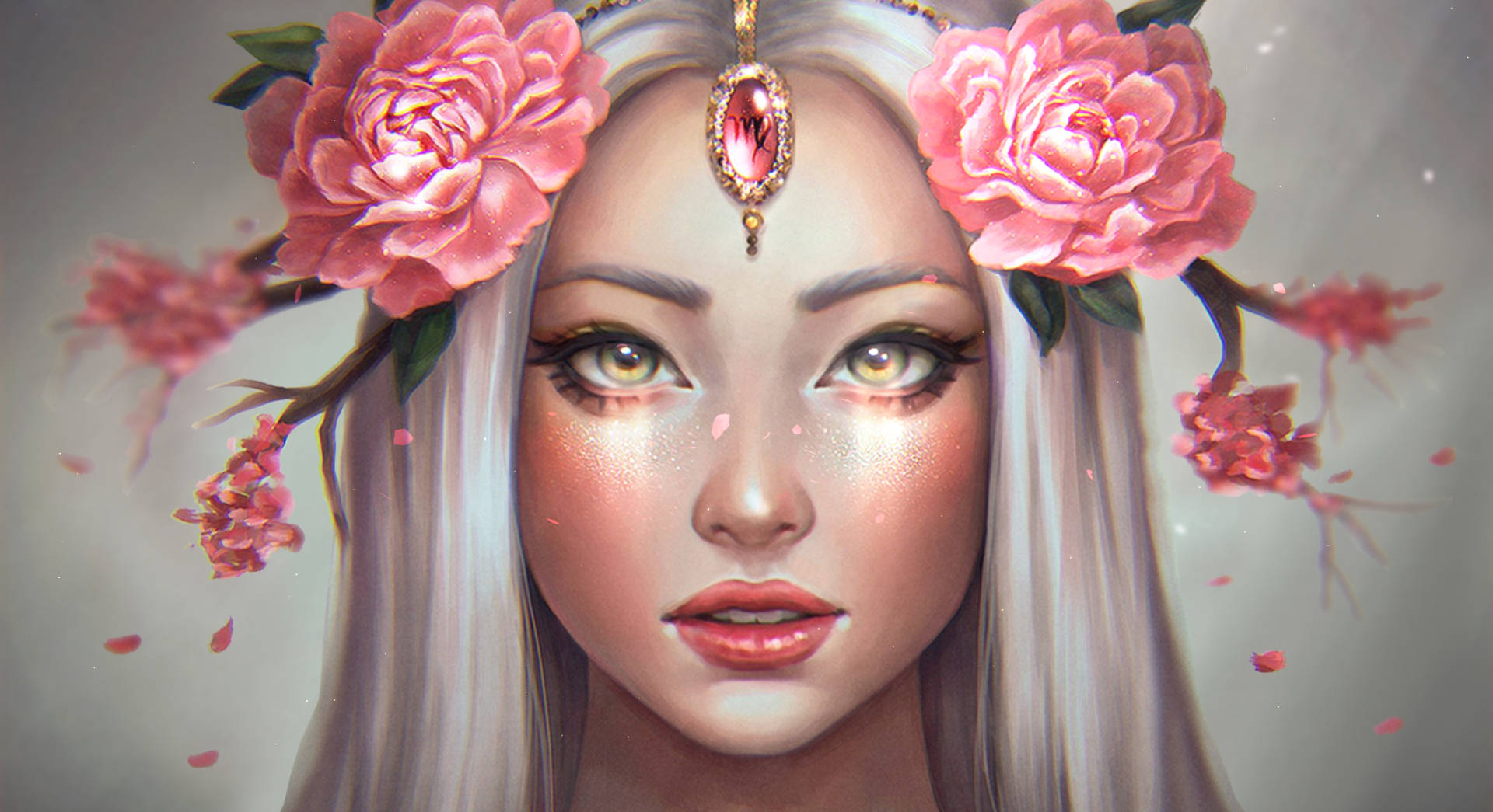Virgo Zodiac, silver hair, pink roses, Full HD Desktop Wallpaper