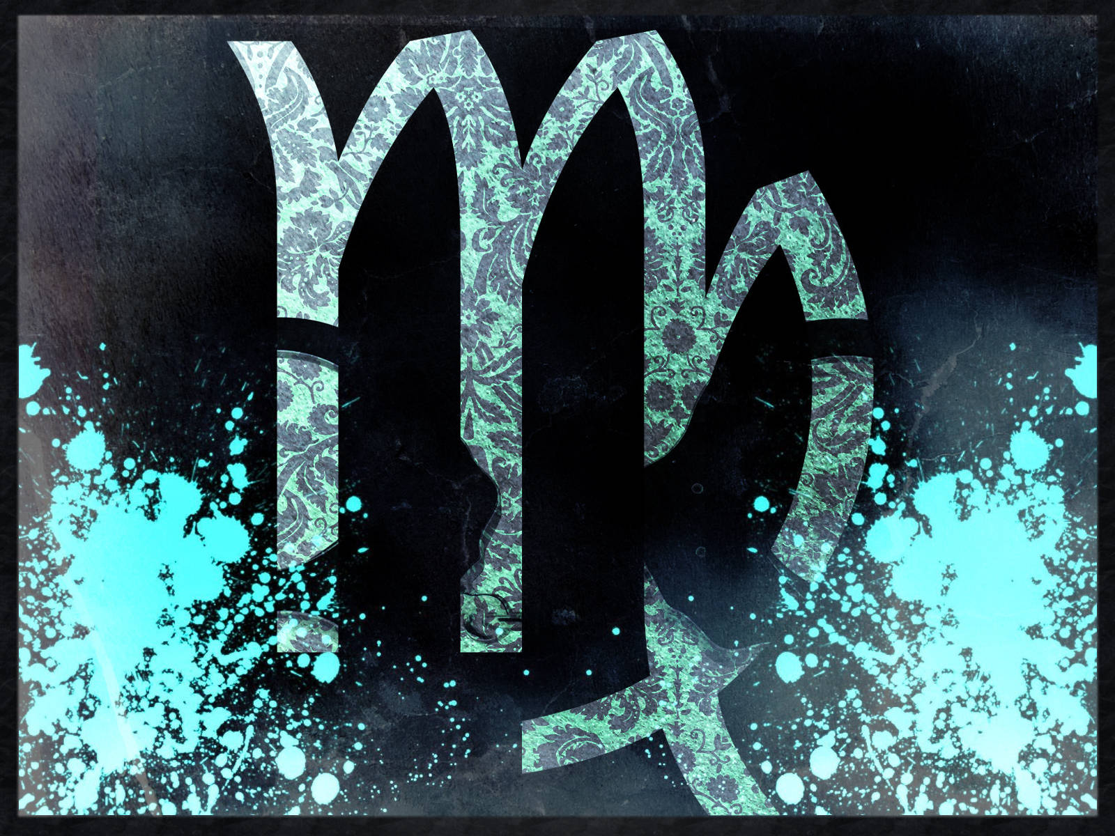 Virgo Zodiac, teal damask pattern, dark textured background, HD Desktop Wallpaper