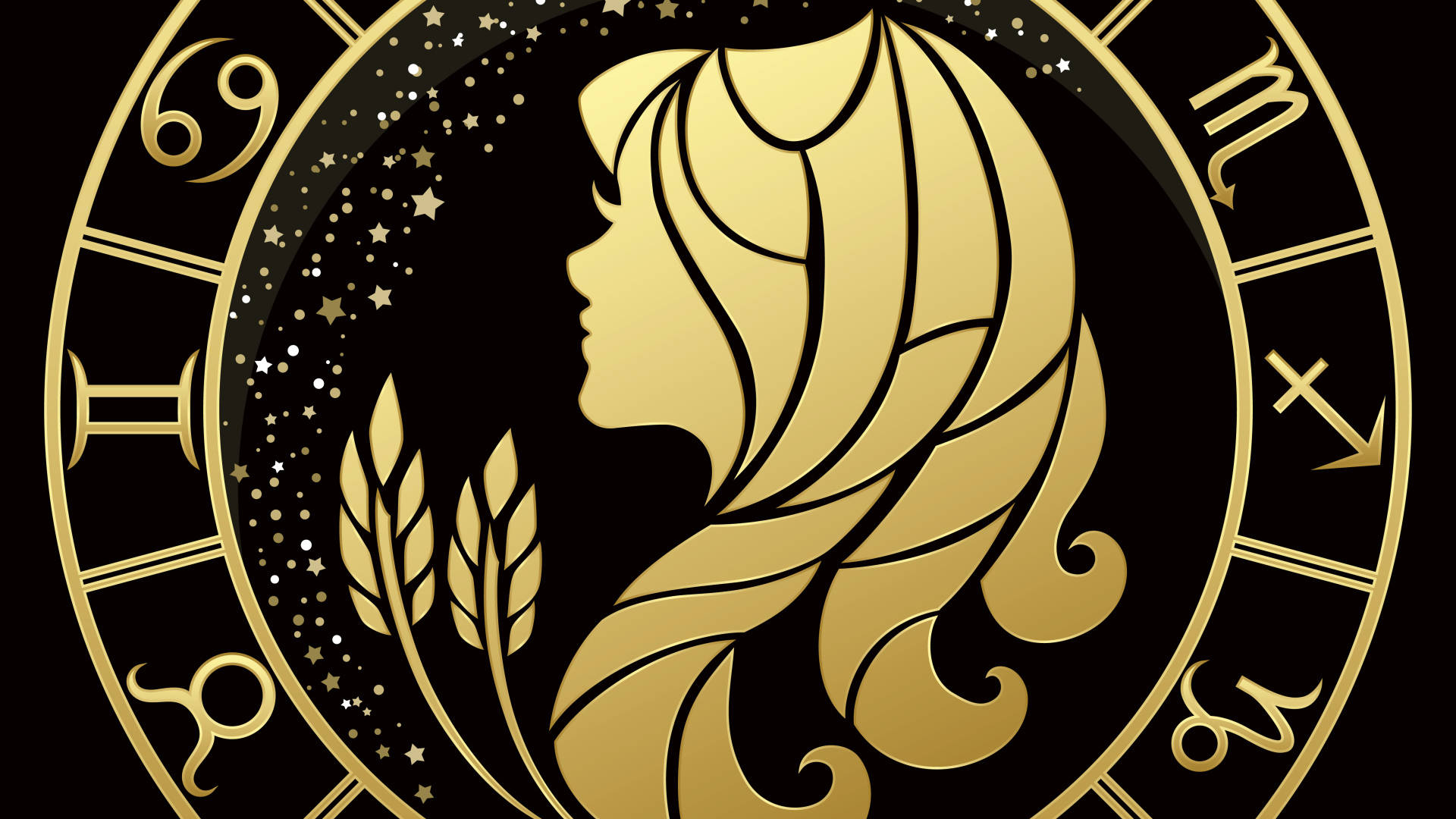 Golden Virgo Zodiac Sign, black background, silhouette of a woman, Full HD Desktop Wallpaper