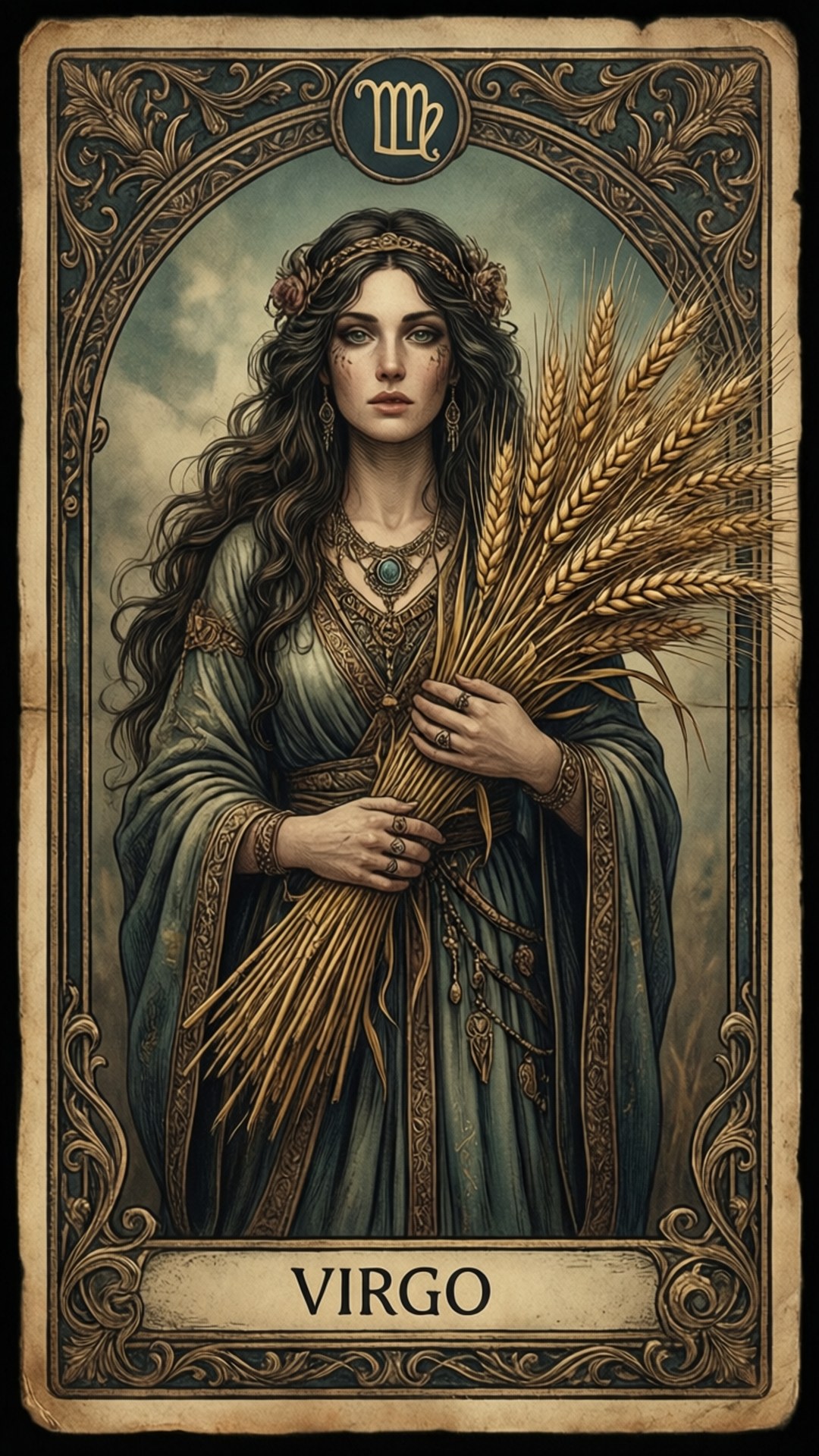 Virgo, golden wheat stalks, ornate vintage astrological card, Full HD Phone Wallpaper