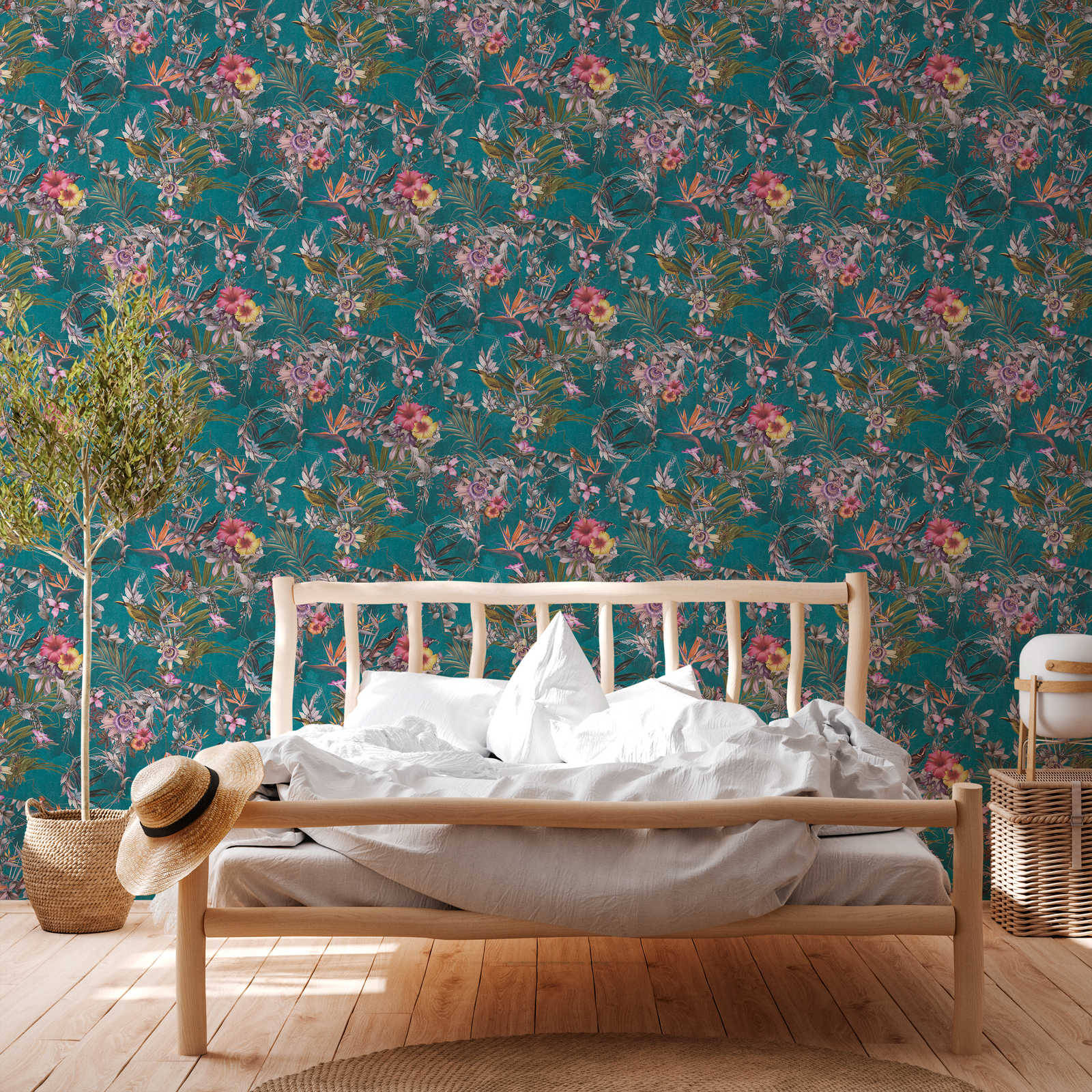 Viridian, teal floral wallpaper, pink and yellow blooms, HD Desktop Wallpaper