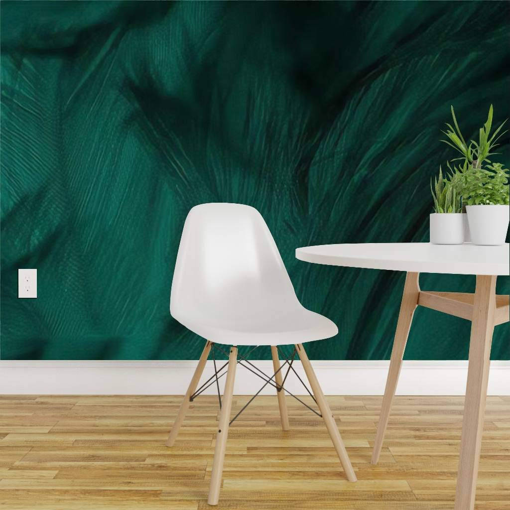 emerald green, leaf-patterned wallpaper, modern white chair, SD Desktop Wallpaper