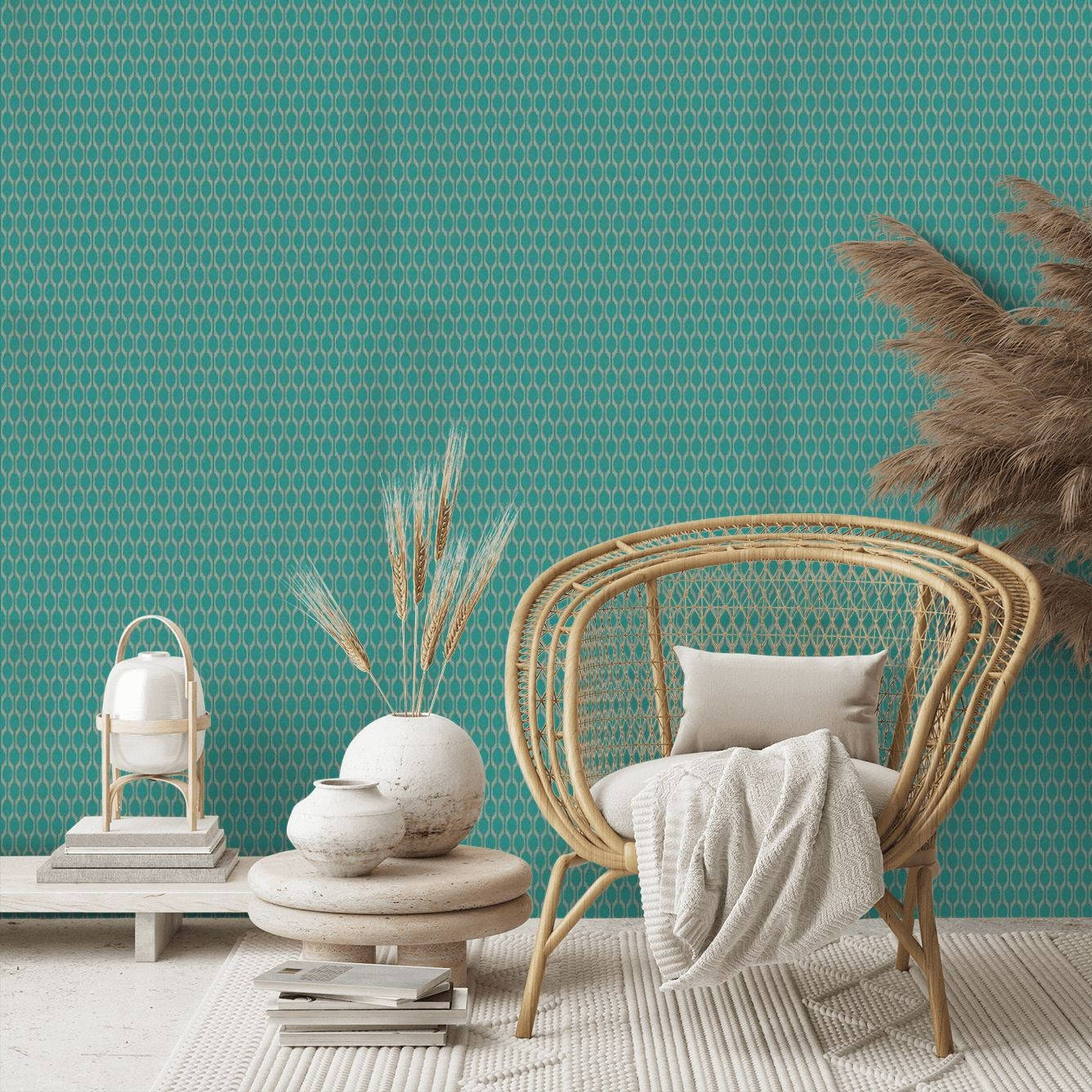 teal geometric wallpaper, rattan chair, beige throw, HD Desktop Wallpaper