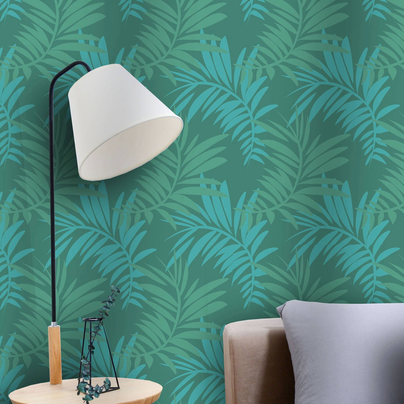 Viridian, teal tropical leaf wallpaper, beige sofa, HD Desktop Wallpaper