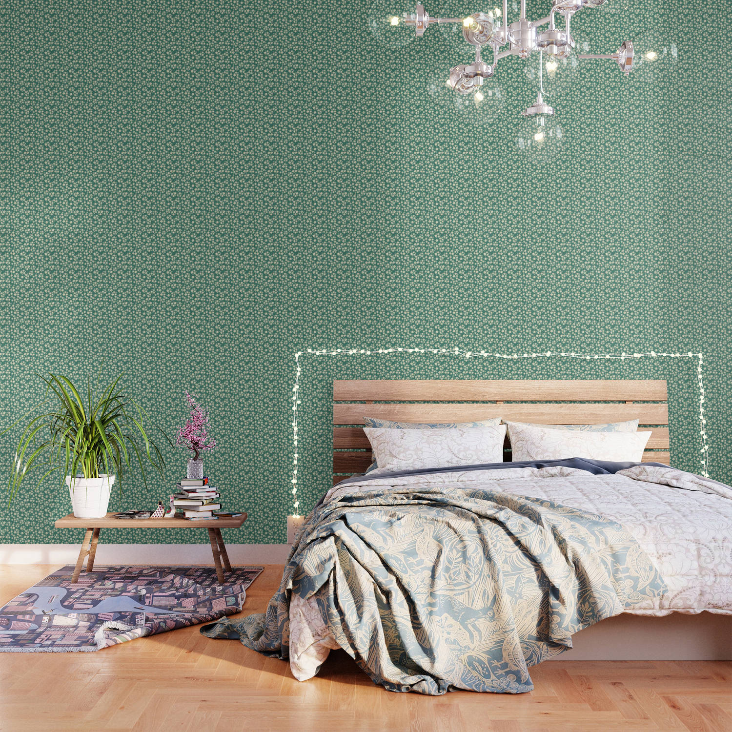 Viridian, green textured wallpaper, wooden bed, HD Desktop Wallpaper