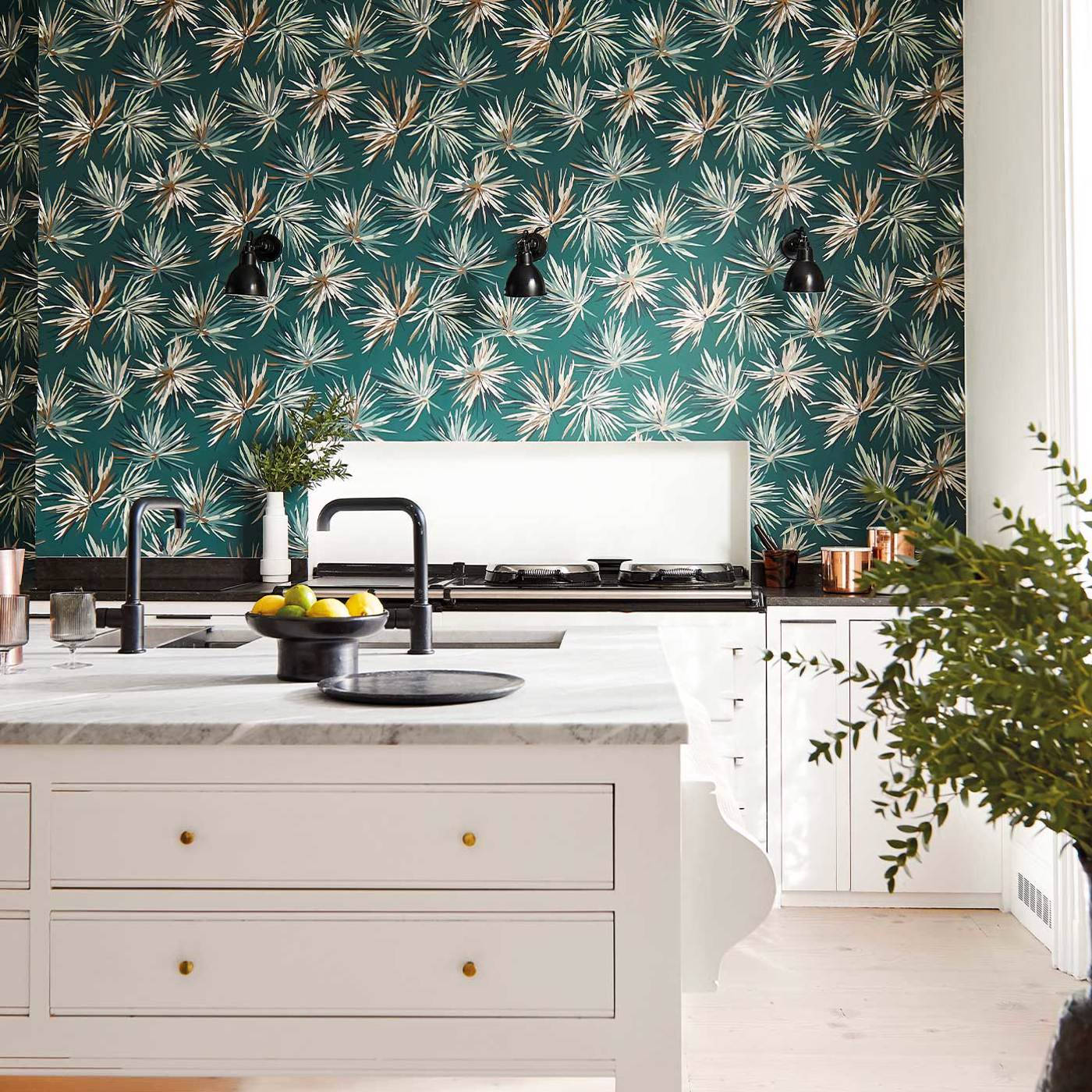 Viridian, teal wallpaper, gold and white palm frond patterns, HD Desktop Wallpaper