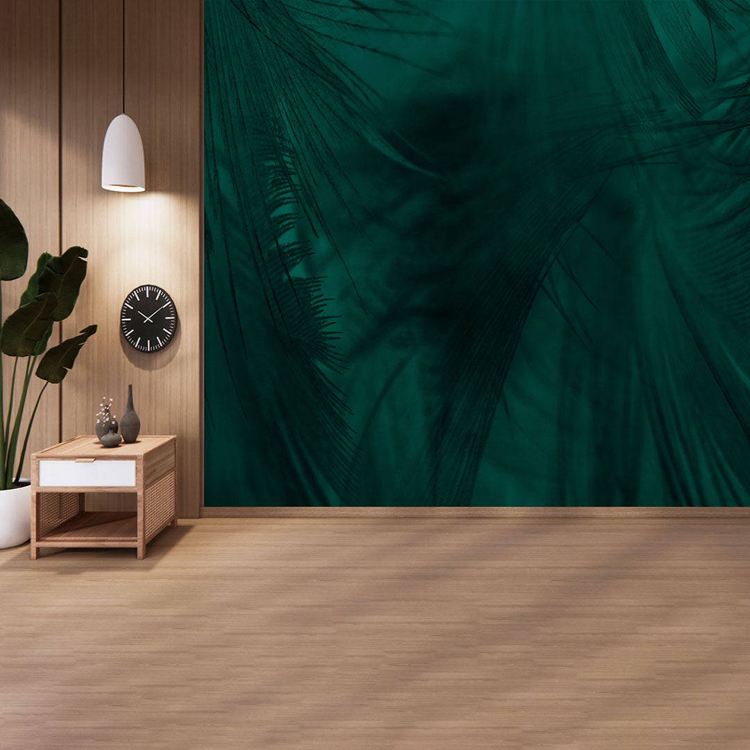 Viridian, emerald green palm leaf wallpaper, wooden walls, SD Desktop Wallpaper