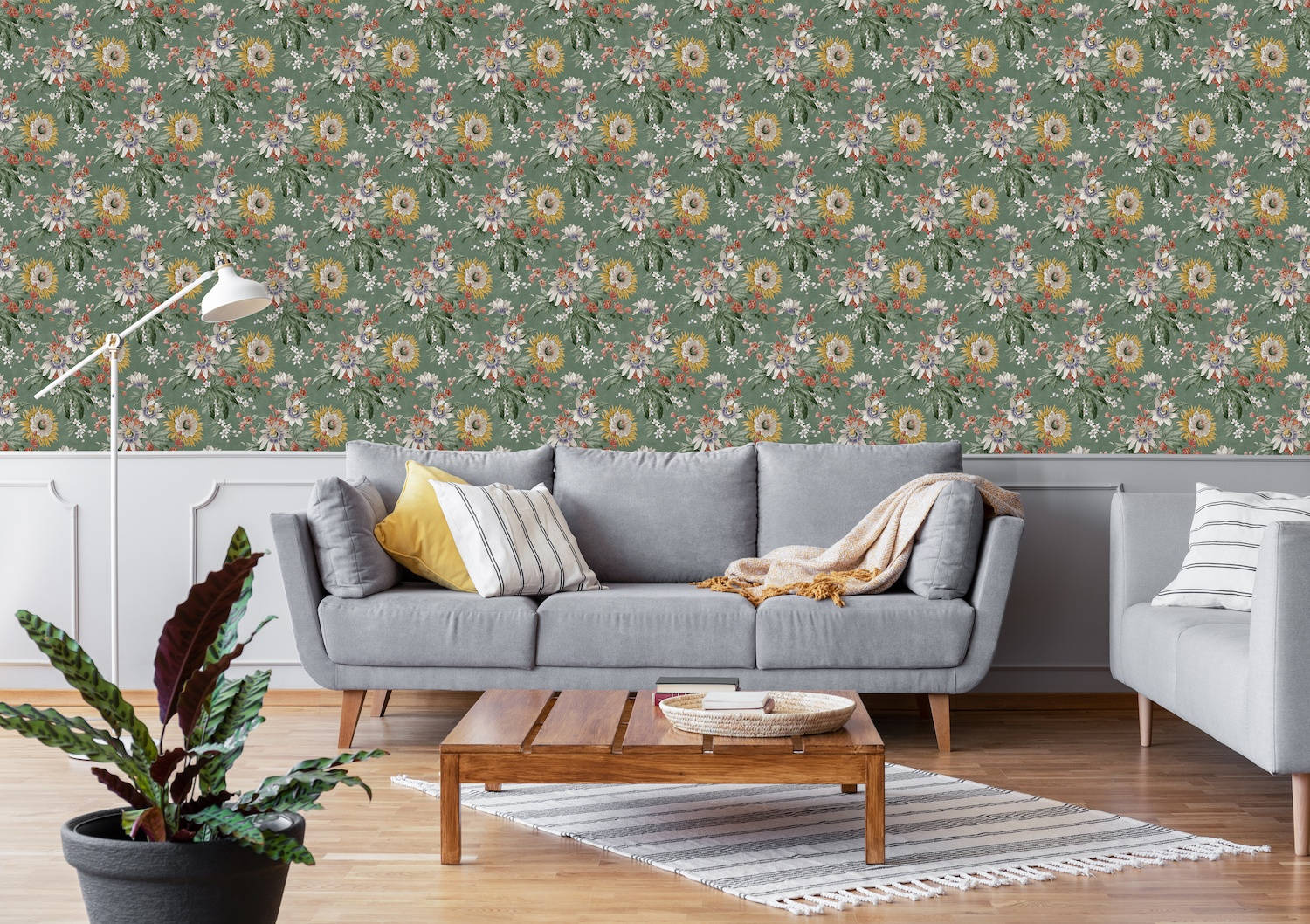 Viridian, gray sofa, vibrant floral wallpaper, HD Desktop Wallpaper