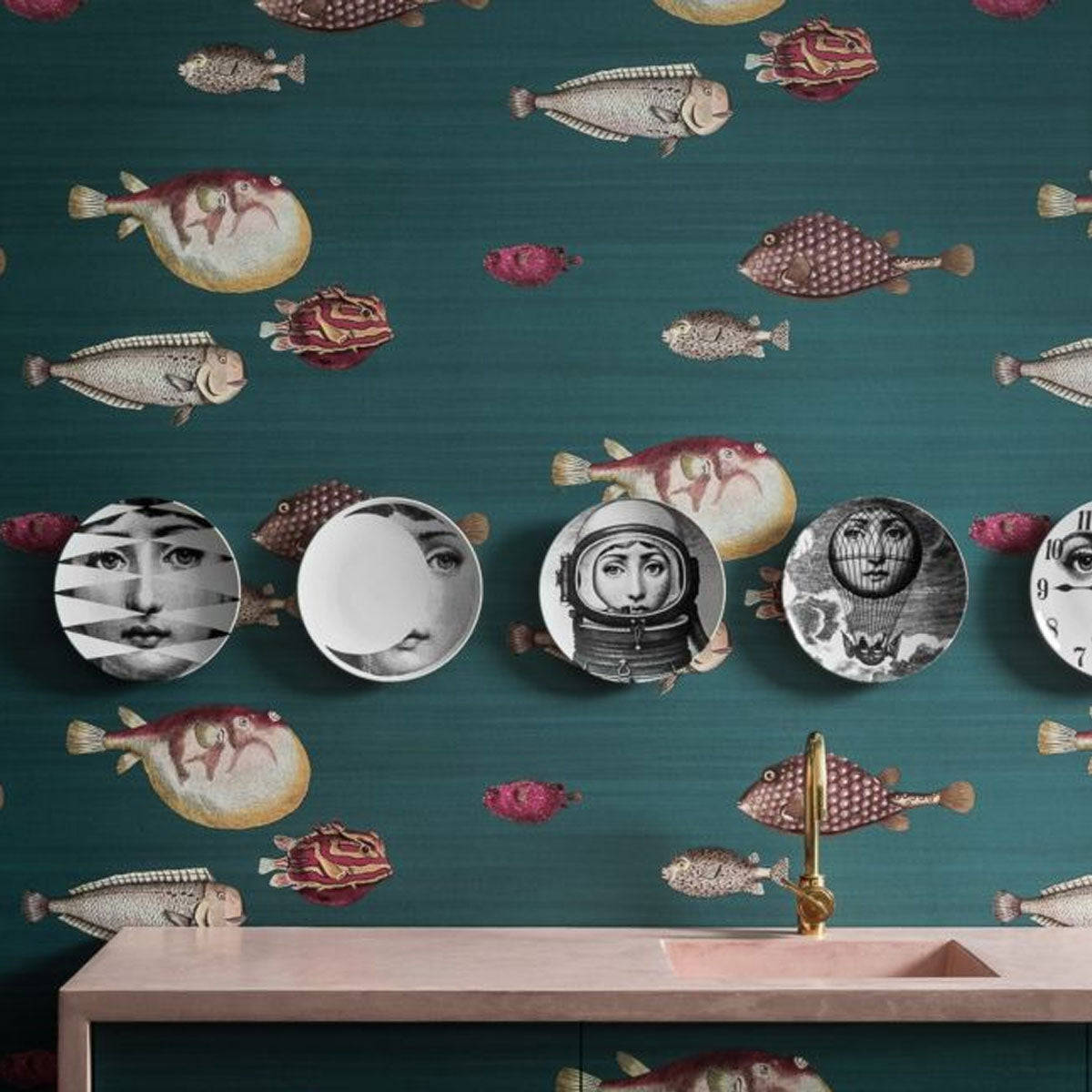 Viridian, teal, vintage fish illustrations, SD Desktop Wallpaper