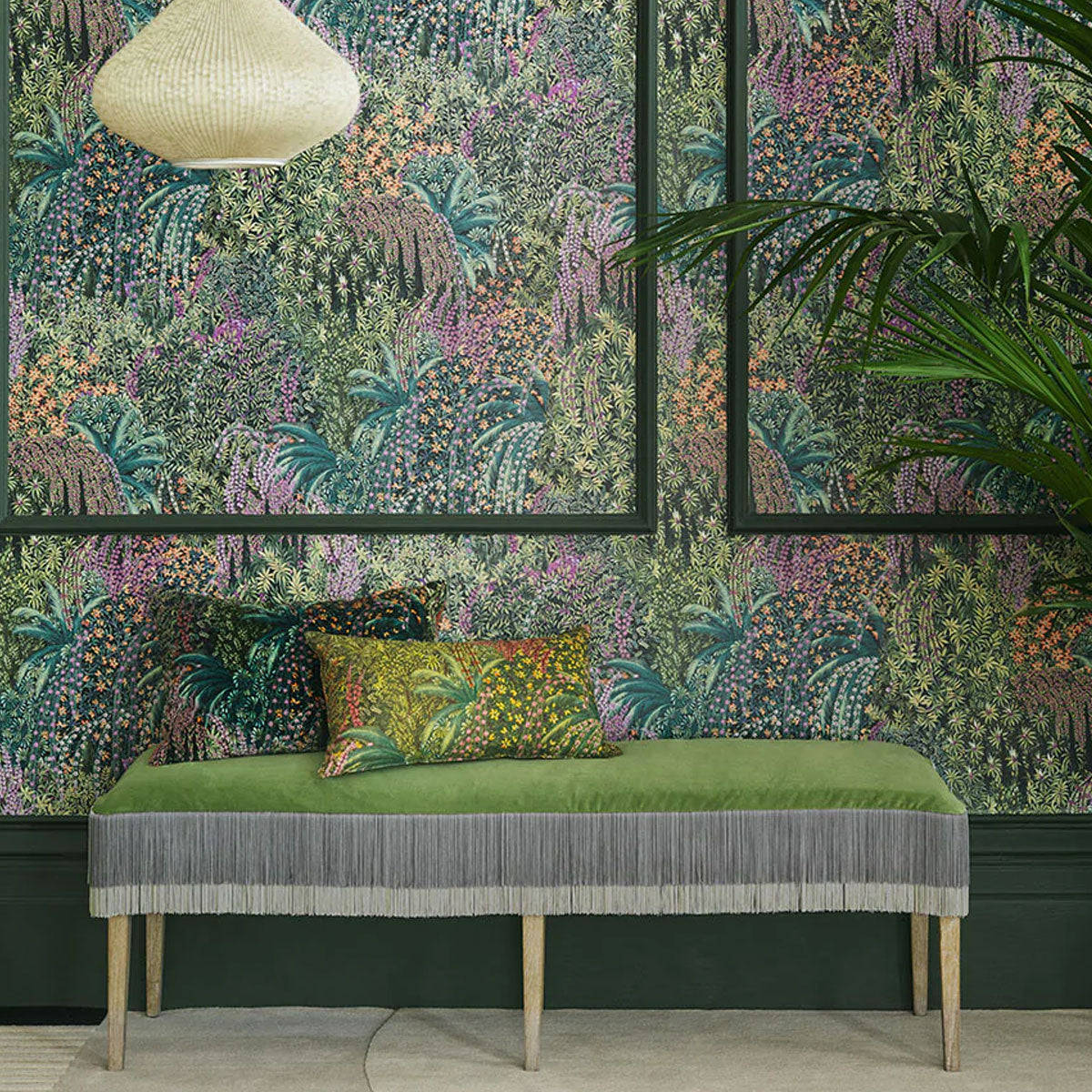 green velvet bench, fringe, patterned pillows, SD Desktop Wallpaper