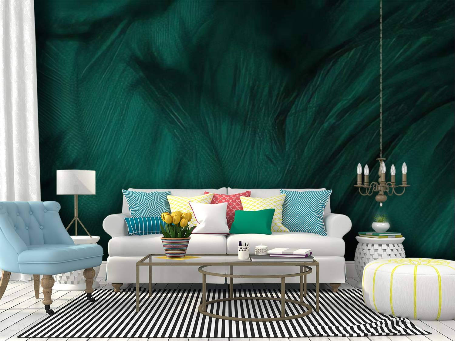 Viridian, emerald green feather-patterned wallpaper, white sofa, HD Desktop Wallpaper