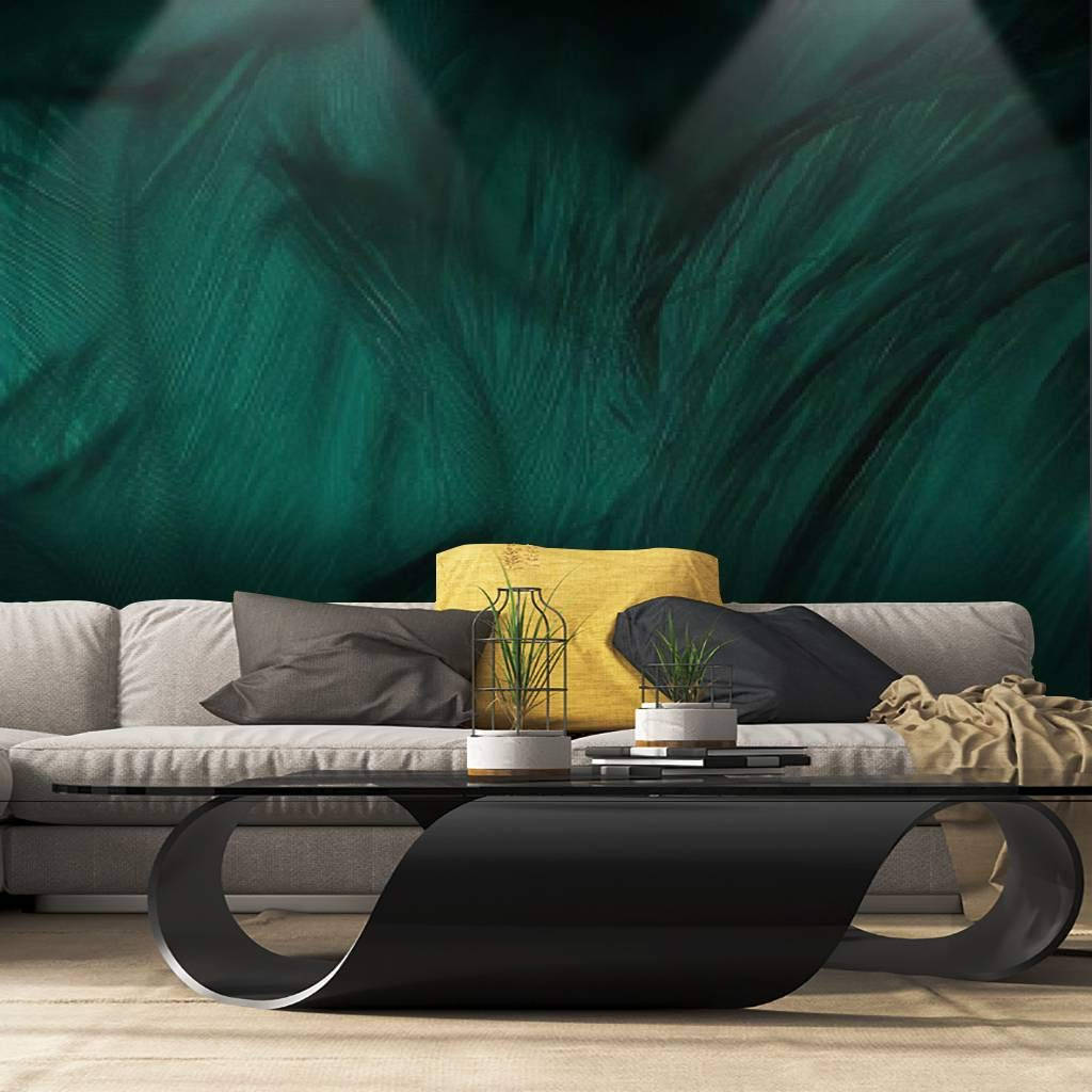 emerald green, feather-patterned wallpaper, gray sofa, SD Desktop Wallpaper