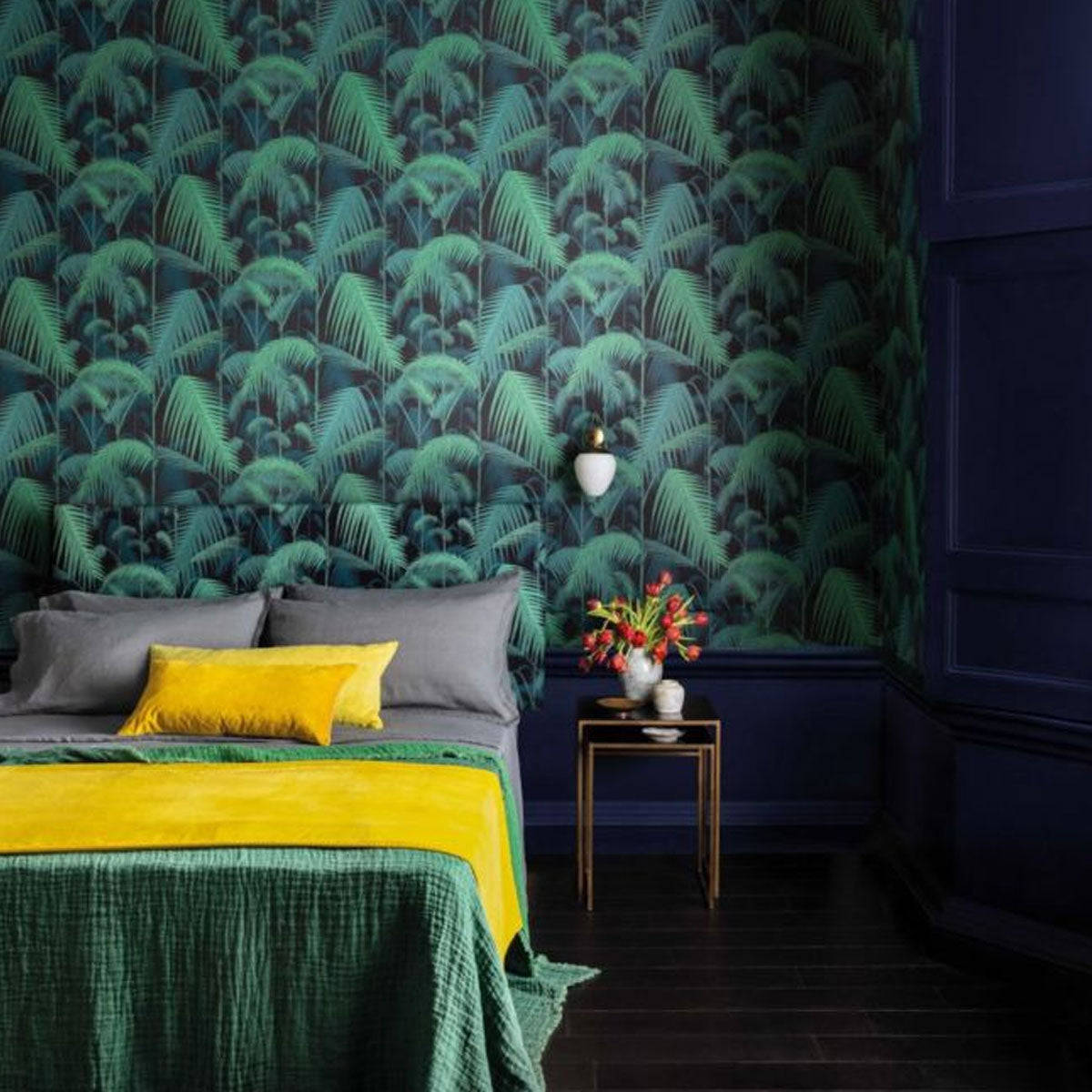 green palm leaf wallpaper, bold yellow bedding, deep blue walls, SD Desktop Wallpaper