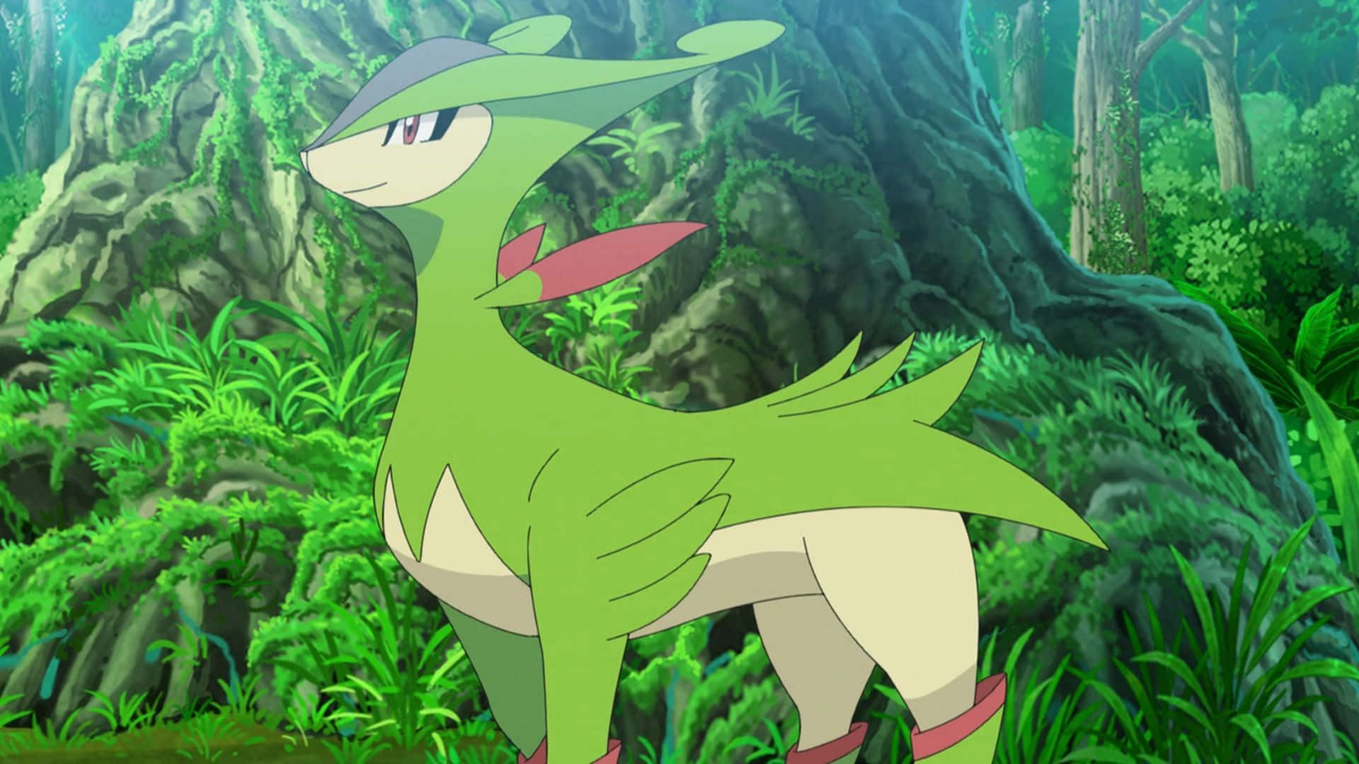 Anime Virizion, lush jungle, mossy rocks, Full HD Desktop Wallpaper