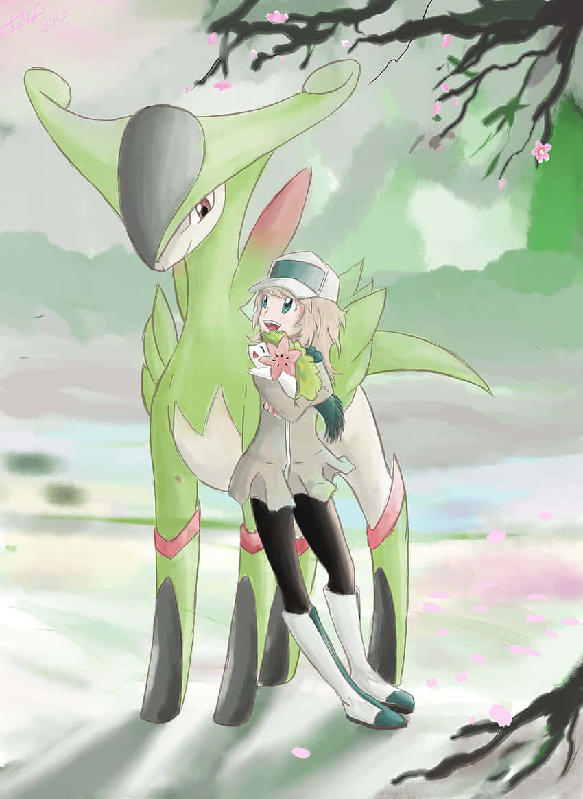 Virizion, Trainer Green aesthetic, cherry blossom trees, SD Phone Wallpaper