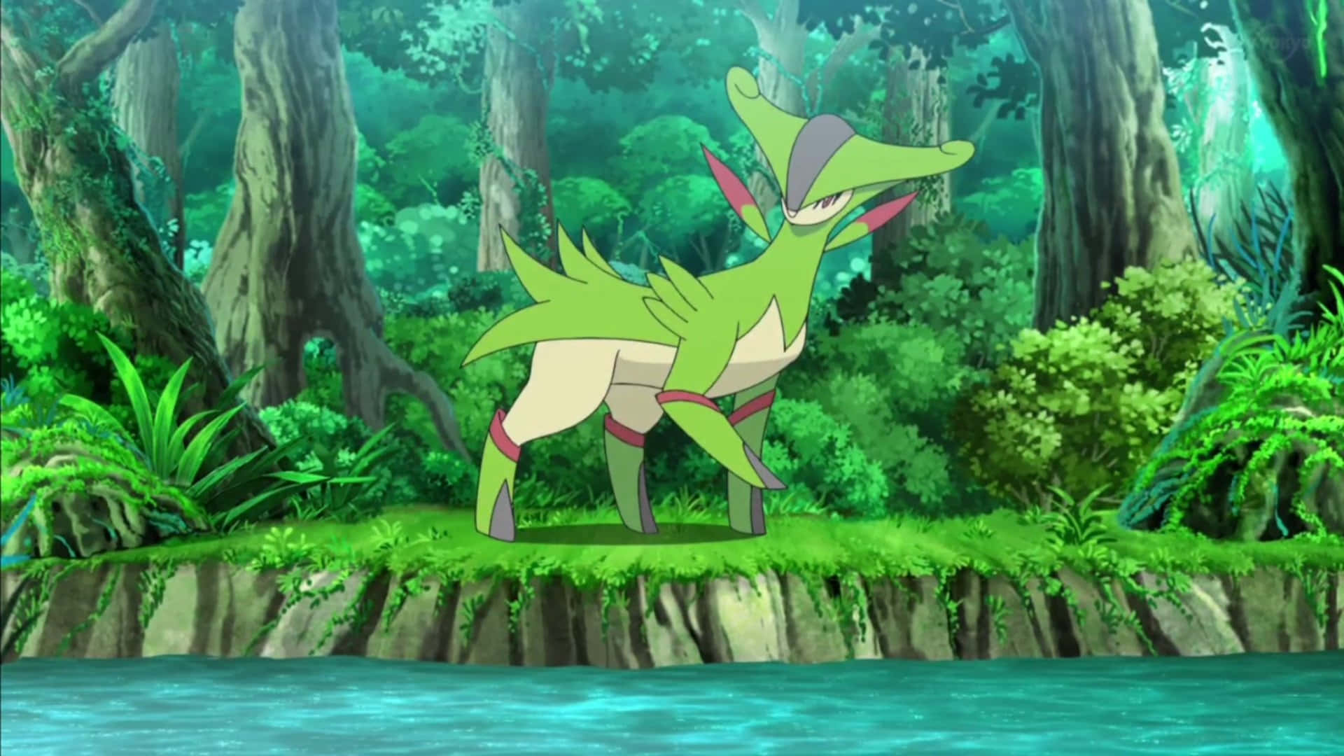 Virizion, green anime Pokémon, mossy cliff, Full HD Desktop Wallpaper