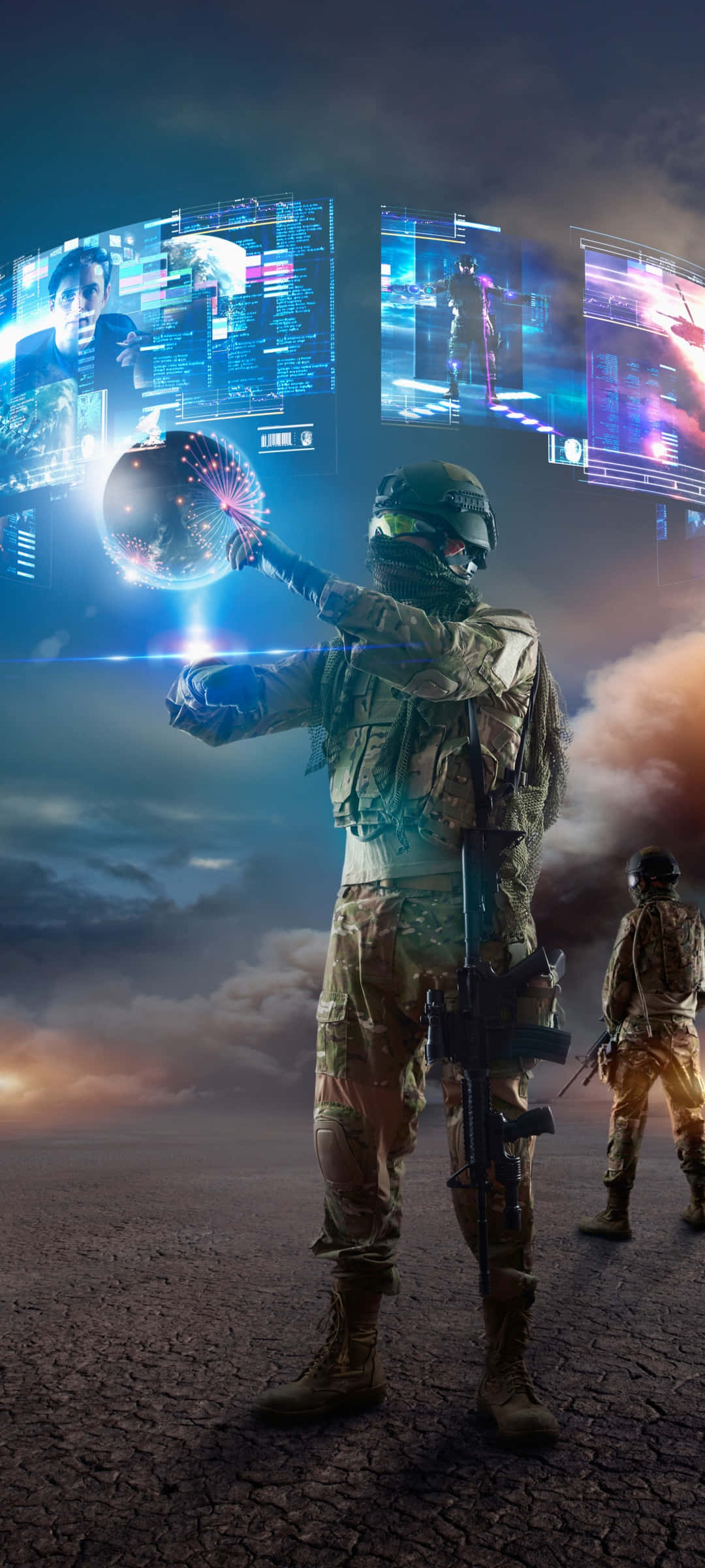 futuristic gear, glowing orb, holographic screens, Full HD Phone Wallpaper