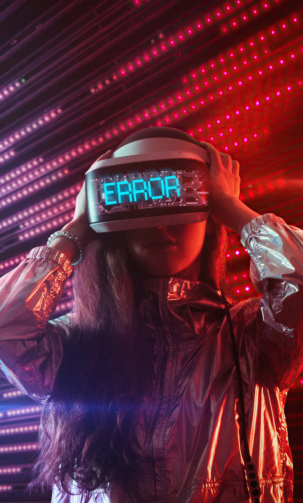 VR headset, ERROR, vibrant red LED grid, Full HD Phone Wallpaper