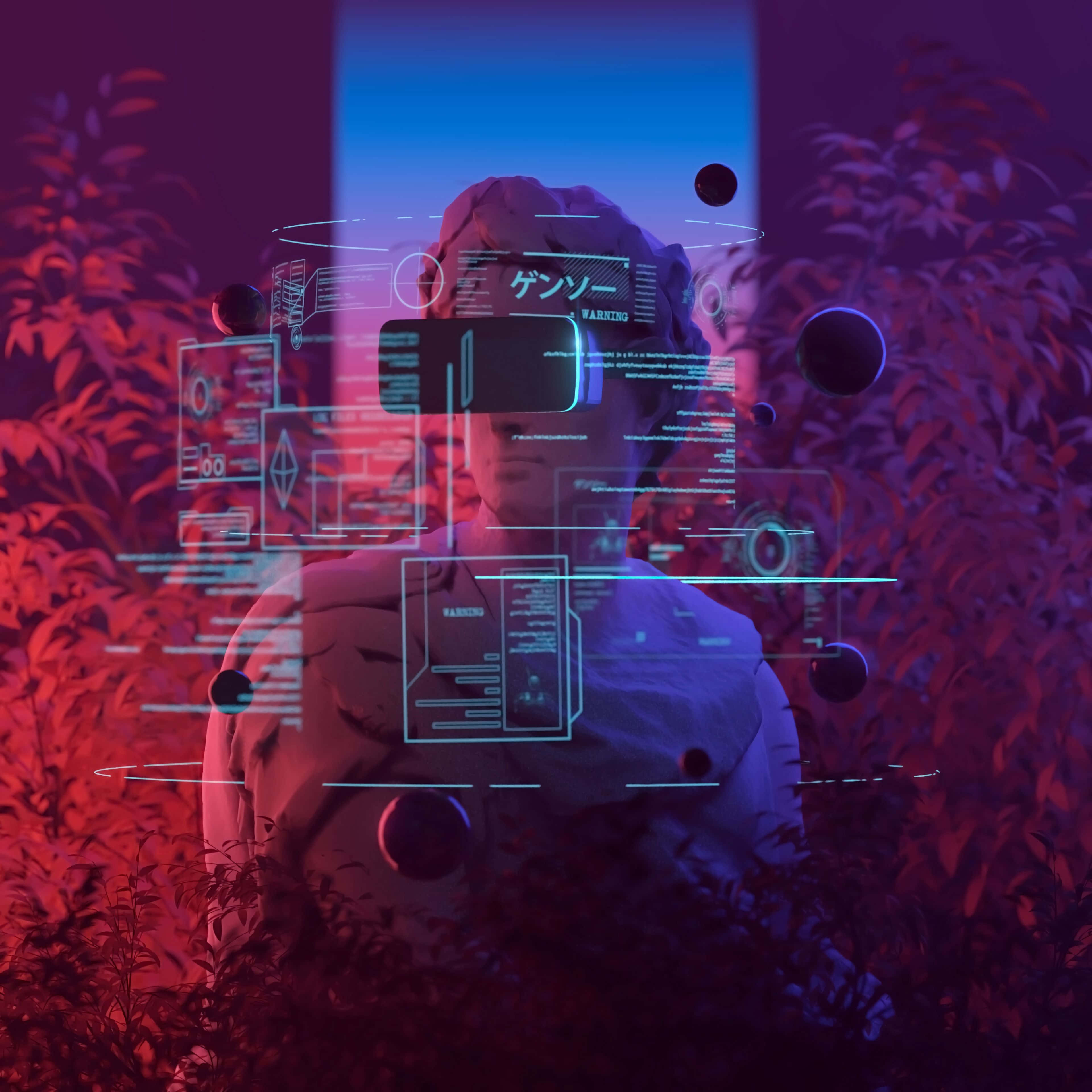 glowing VR headset, neon red and blue forest, holographic data, 4K Desktop Wallpaper