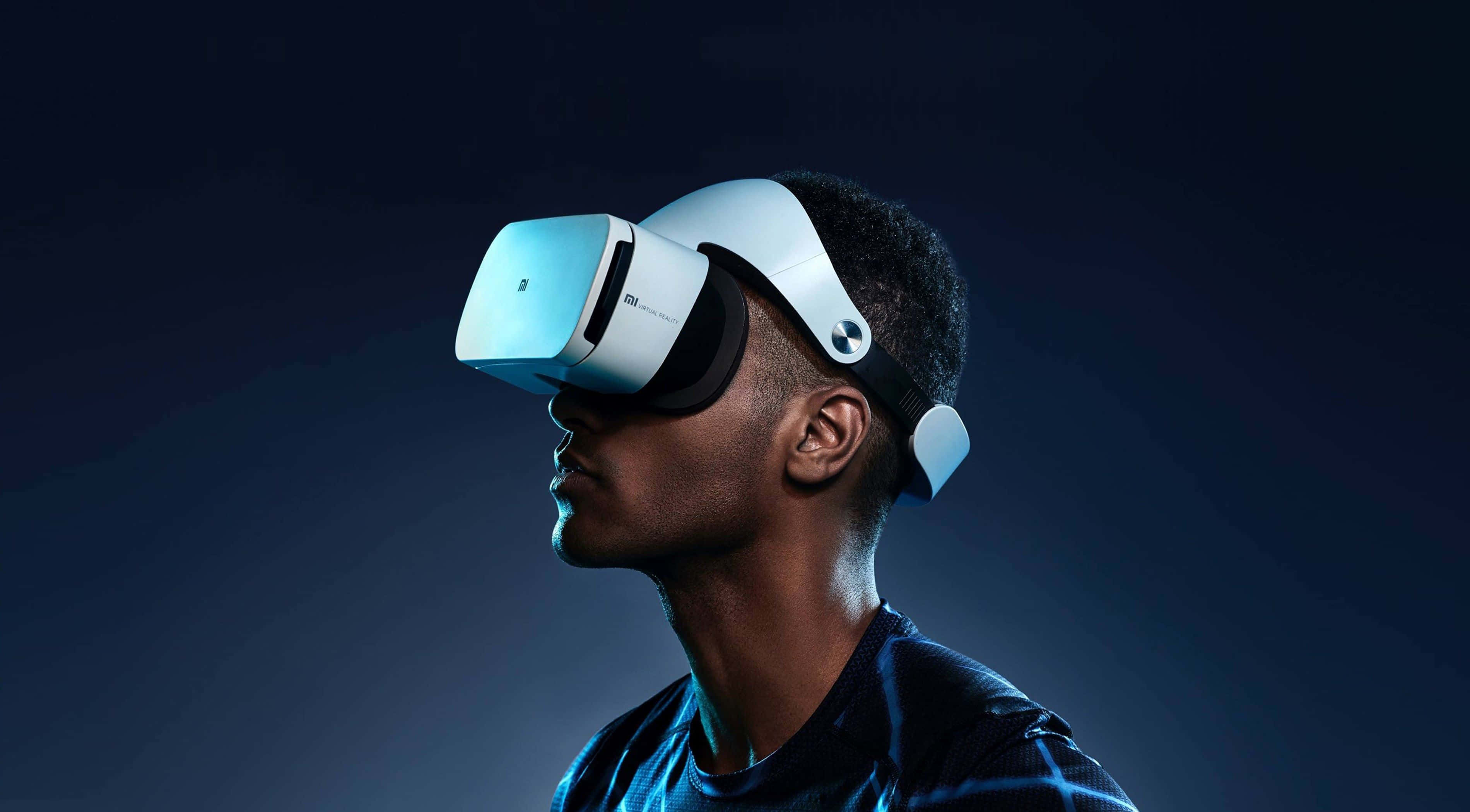 white VR headset, dark blue gradient background, young man, 2K Desktop Wallpaper