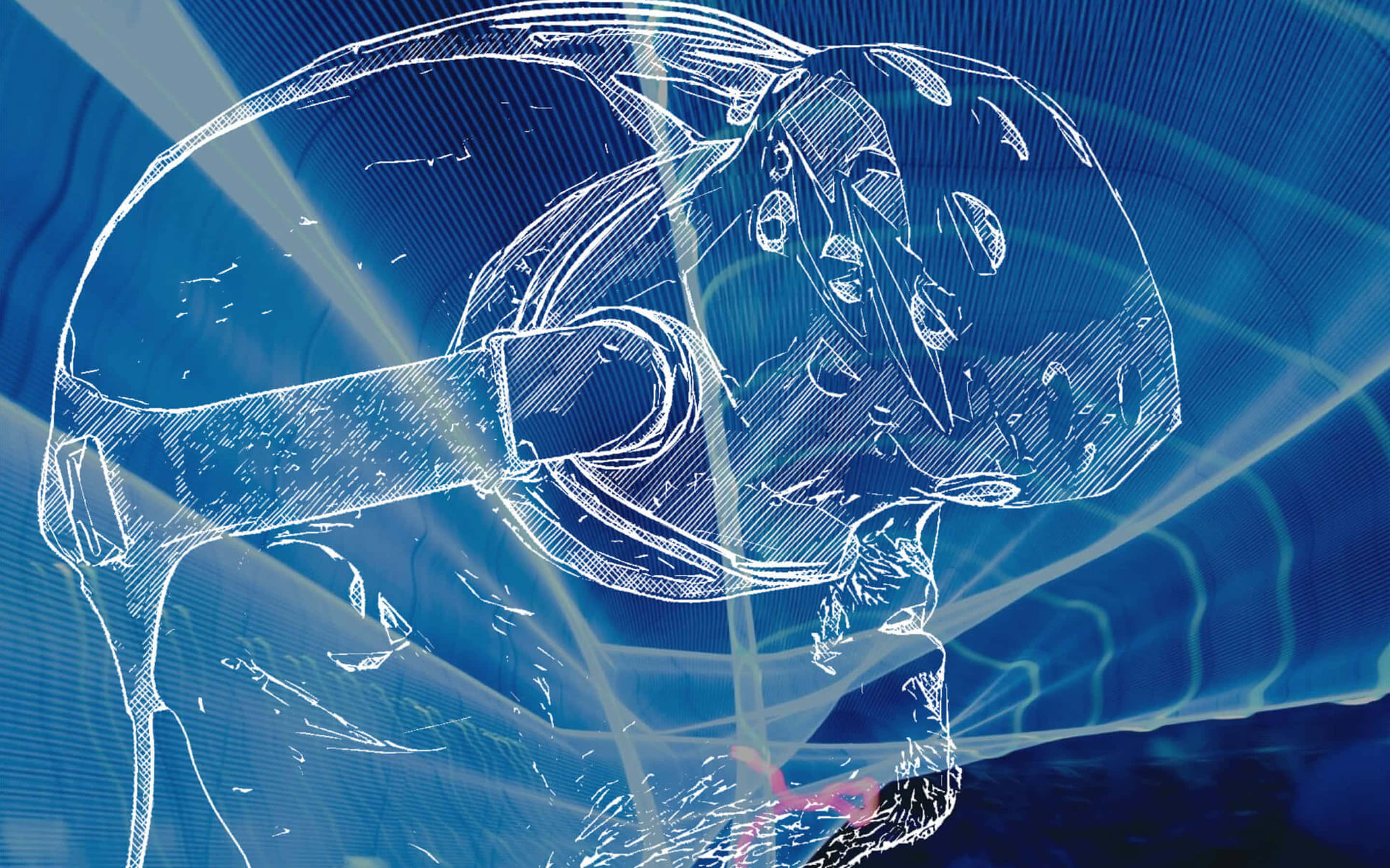 futuristic astronaut helmet, white lines, deep blue digital background, 2K Desktop Wallpaper