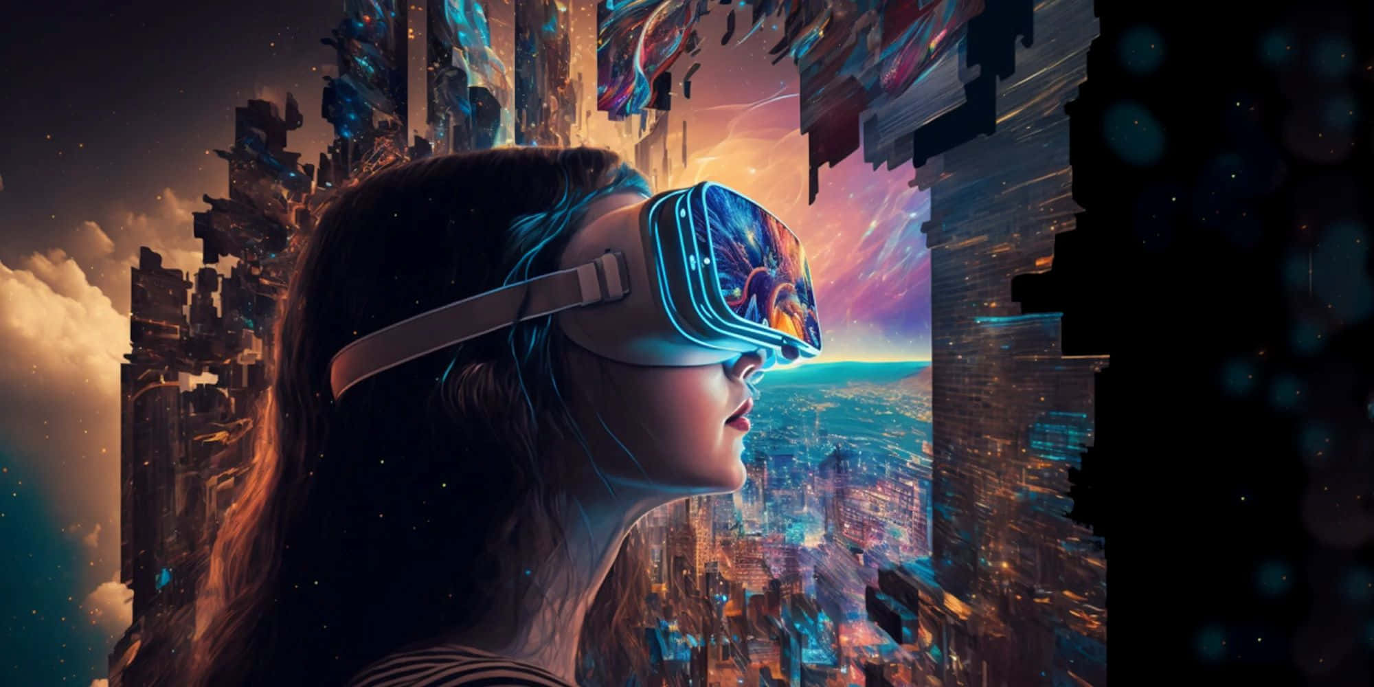 glowing VR headset, surreal cityscape, floating skyscrapers, Full HD Desktop Wallpaper