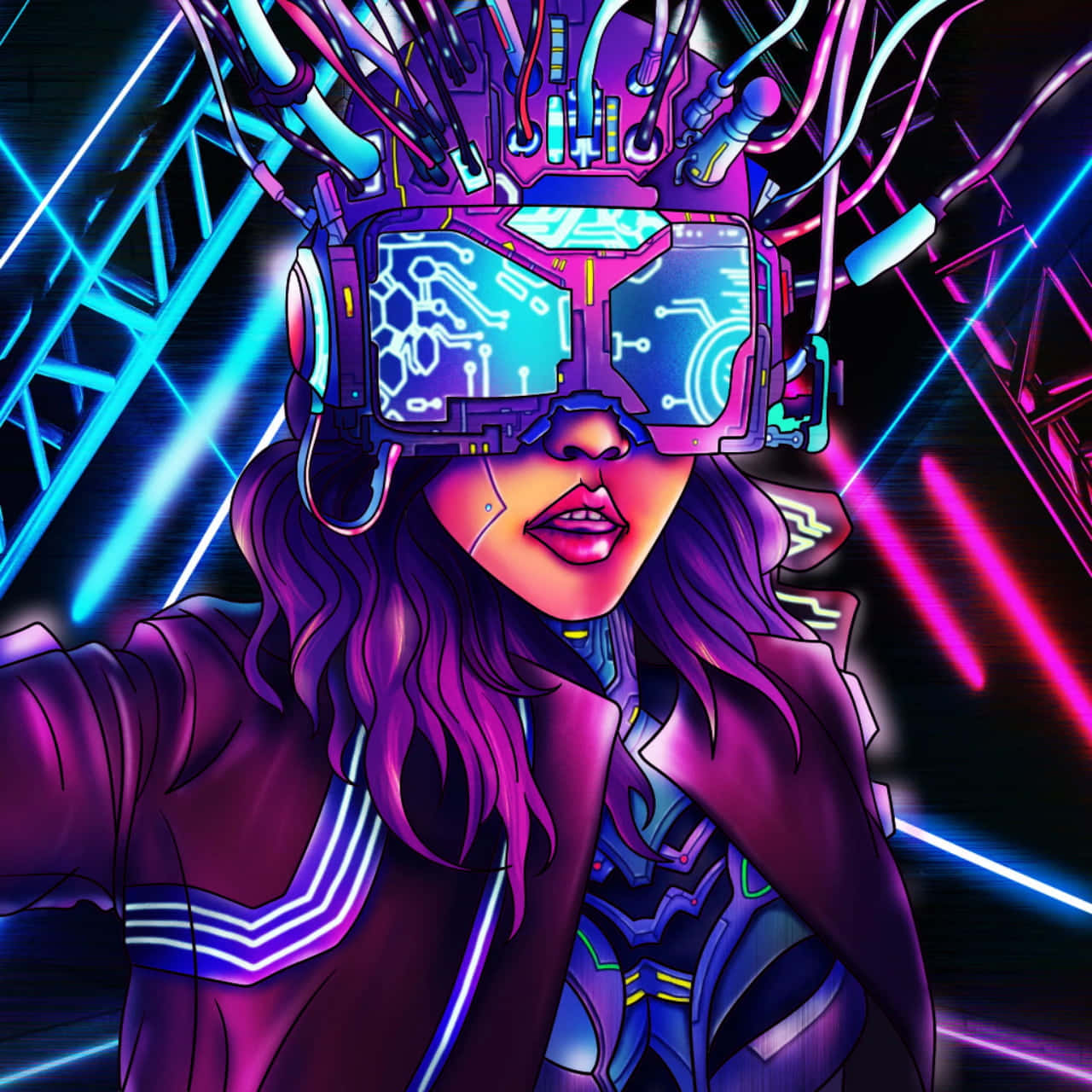 cyberpunk woman, purple hair, glowing headset, HD Desktop Wallpaper