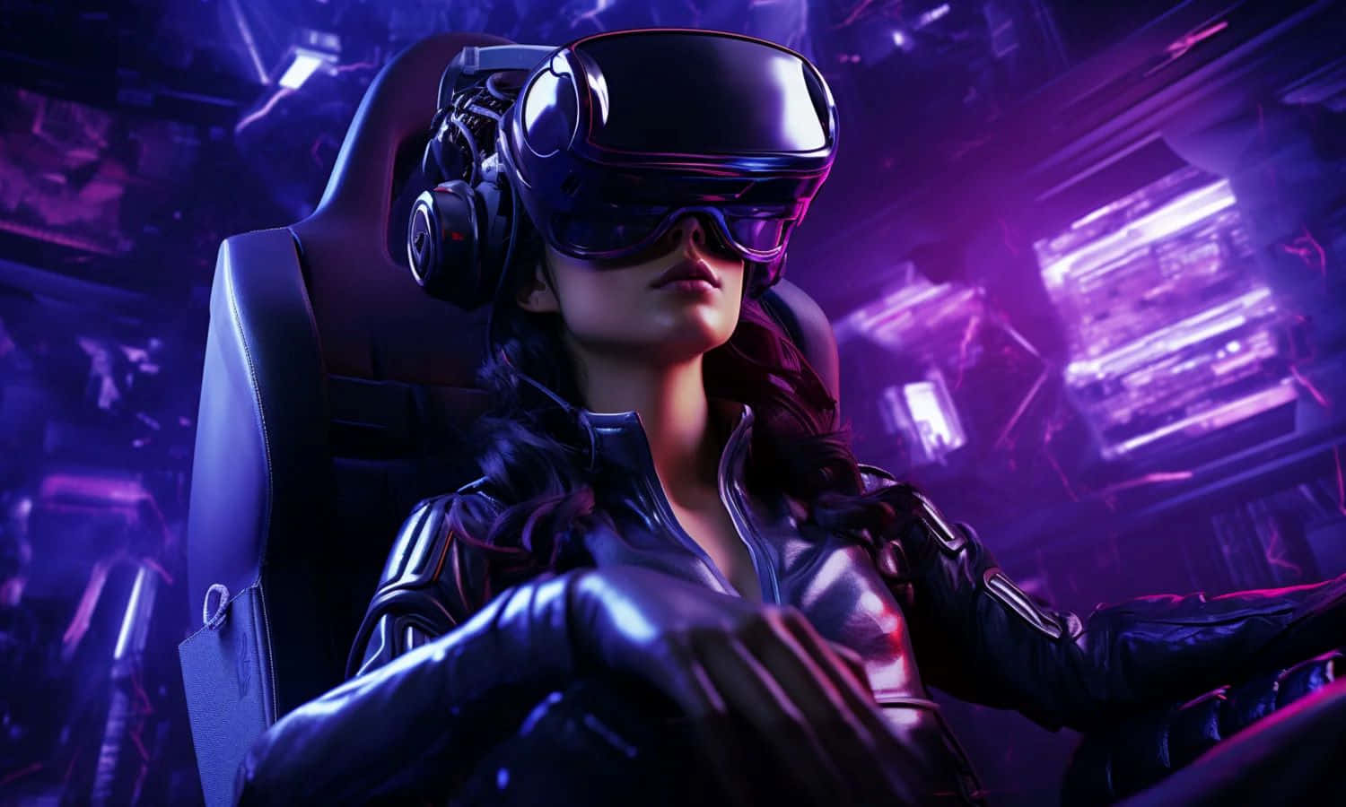 cyber virtual reality experience, black leather jacket, VR headset, HD Desktop Wallpaper