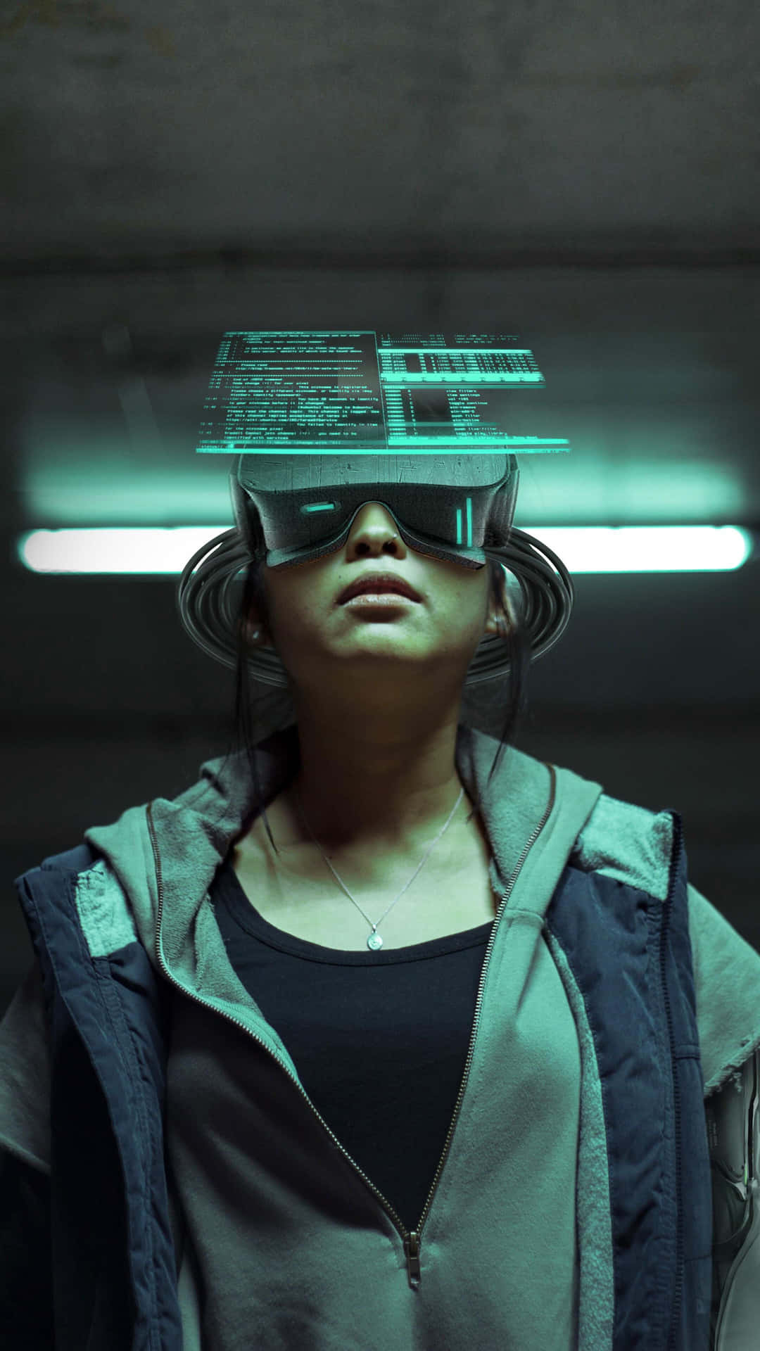 futuristic VR goggles, glowing green data streams, dimly lit industrial space, Full HD Phone Wallpaper