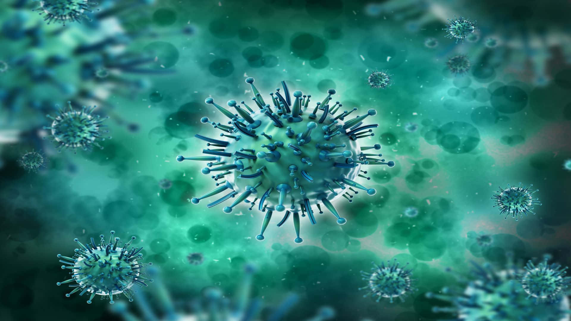 blue virulent virus, virus particle, spiky protrusions, Full HD Desktop Wallpaper