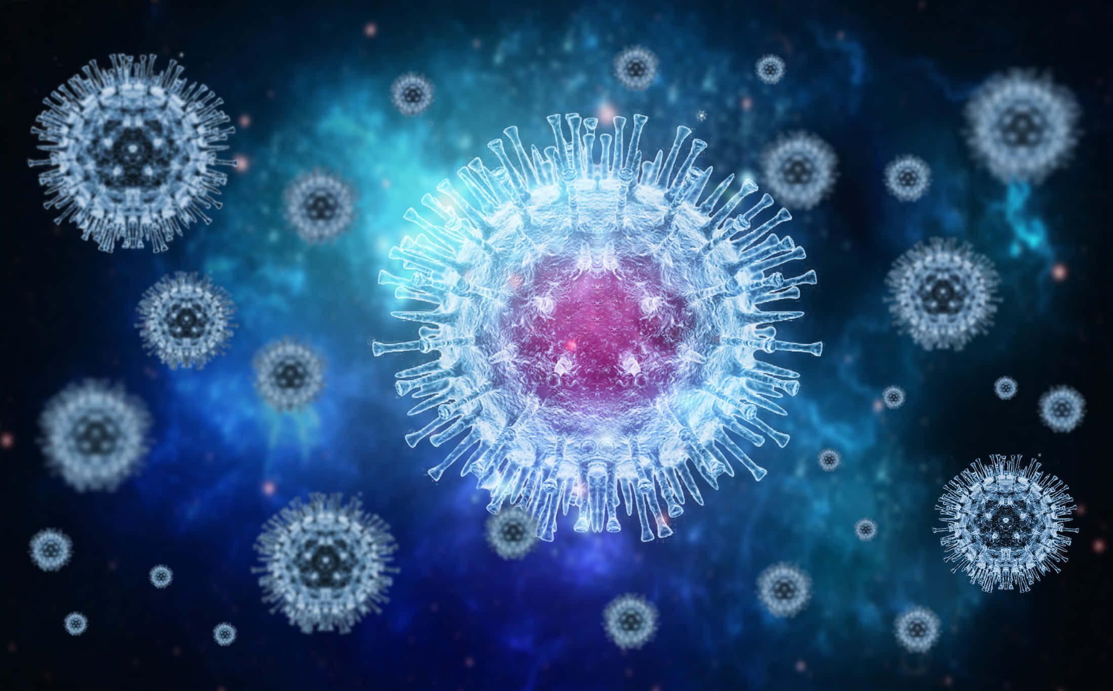 virus particle, spiky surface, swirling blue cosmic clouds, Full HD Desktop Wallpaper