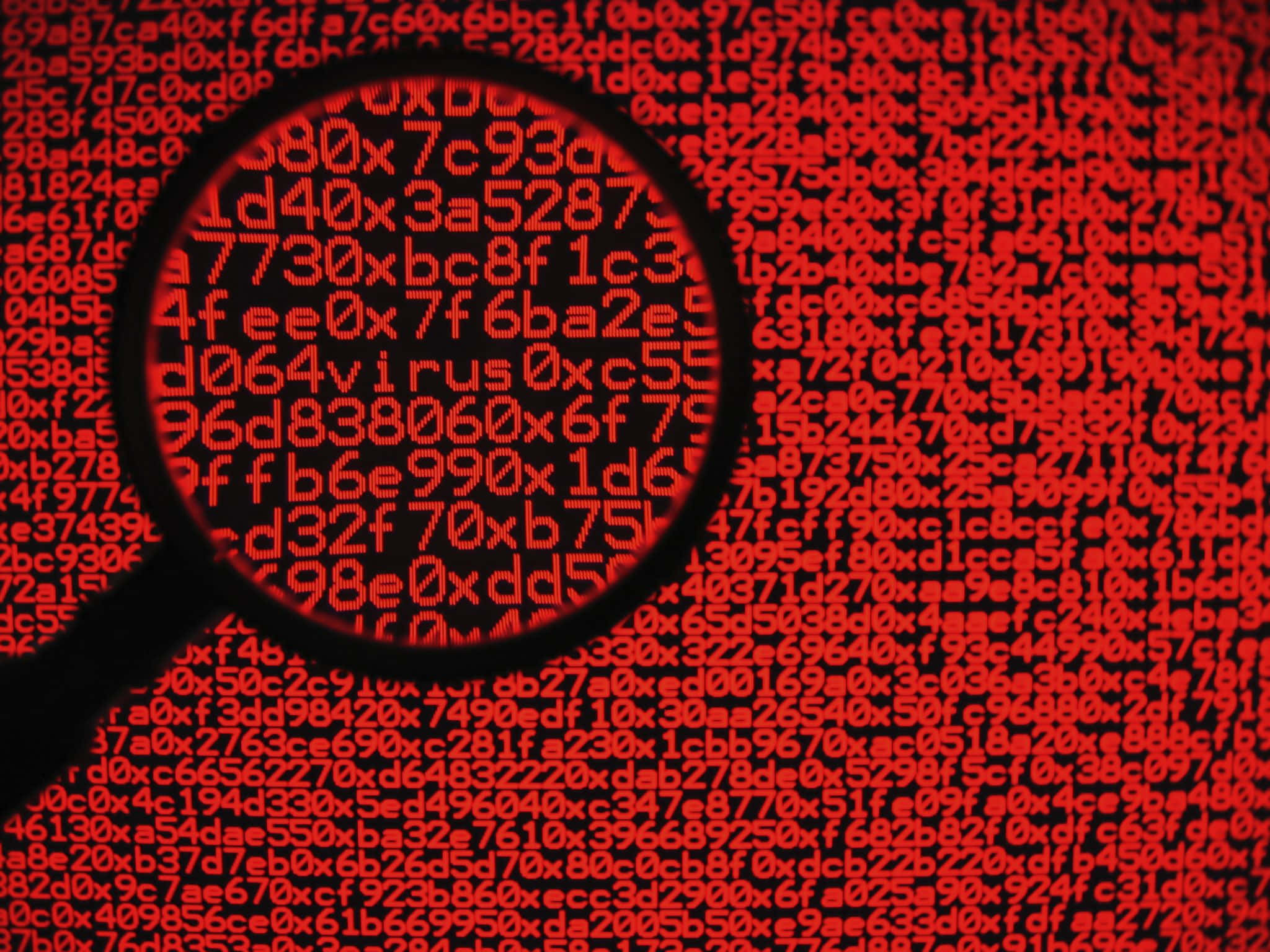 magnifying glass, glowing red hexadecimal code, black background, Full HD Desktop Wallpaper