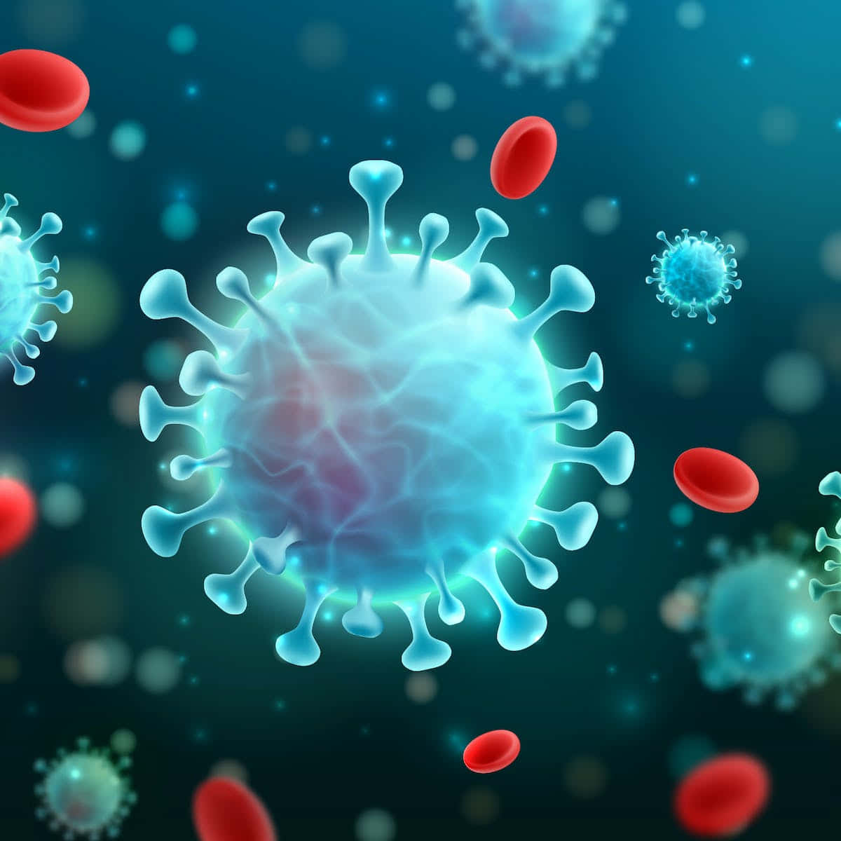 glowing blue virus particle, spike proteins, red blood cells, SD Desktop Wallpaper