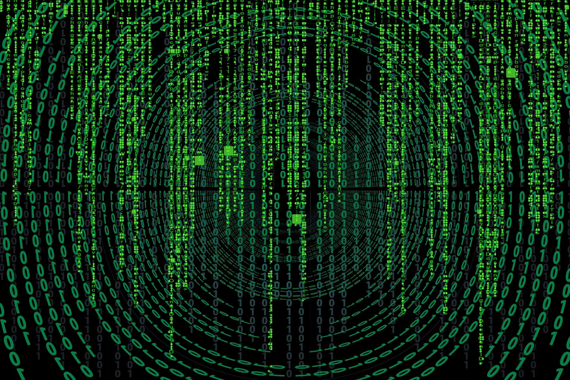 green digital code streams, concentric circles, black background, Full HD Desktop Wallpaper