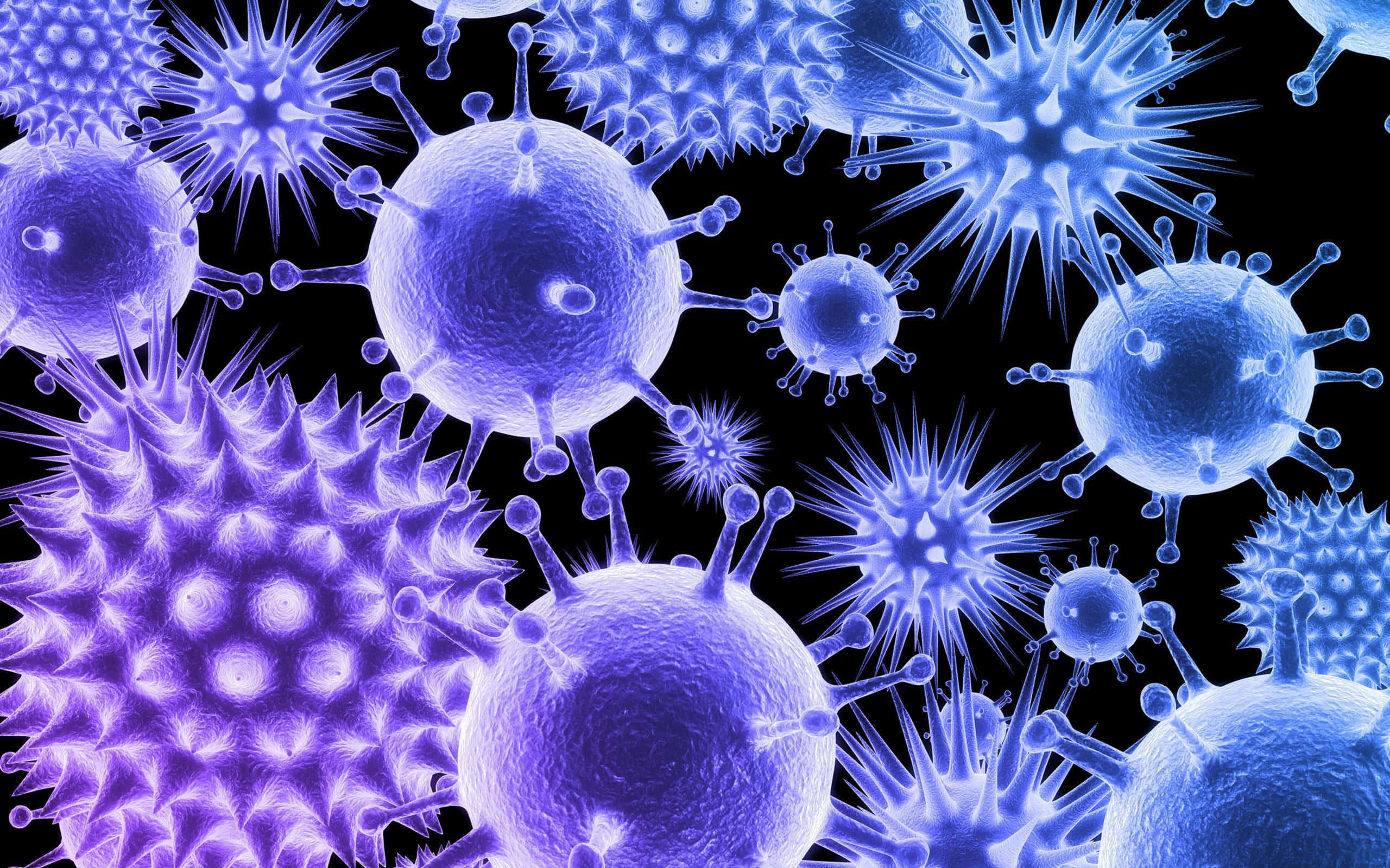 viral particles, vivid blue glowing, spiky surfaces, 2K Desktop Wallpaper