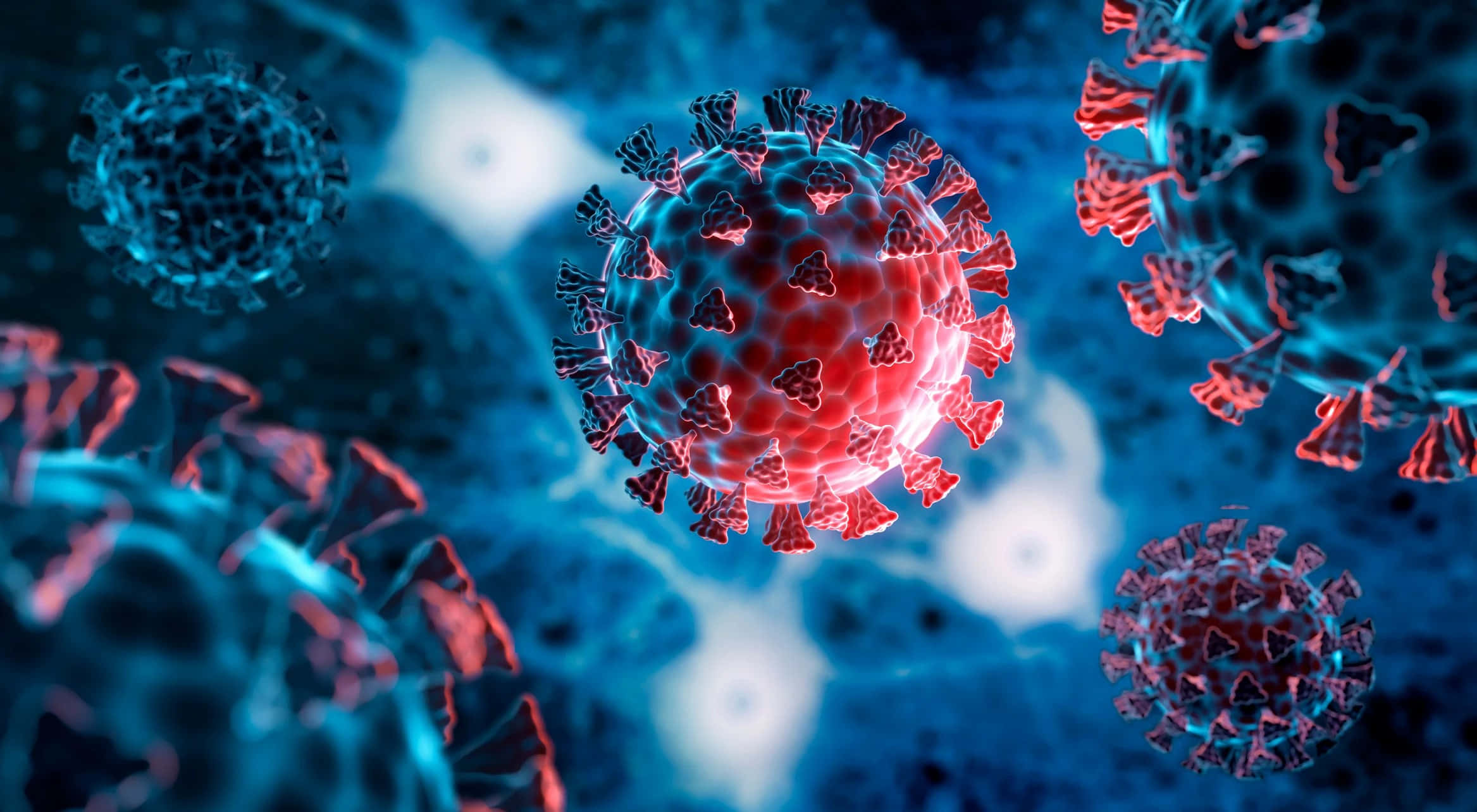 coronavirus particles, glowing red and blue, 3d-render, Full HD Desktop Wallpaper