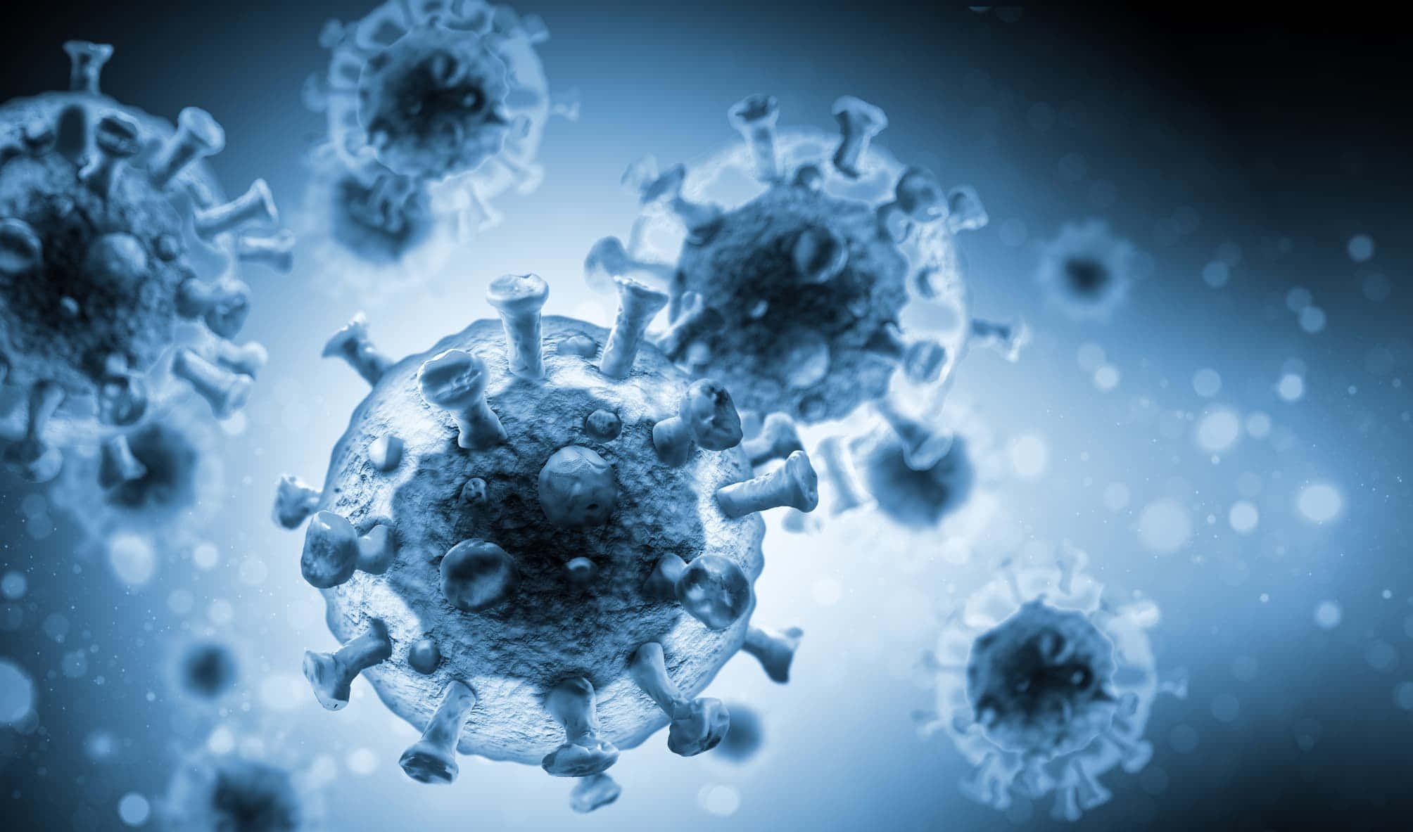 viral particles, spike proteins, cool blue gradient background, Full HD Desktop Wallpaper