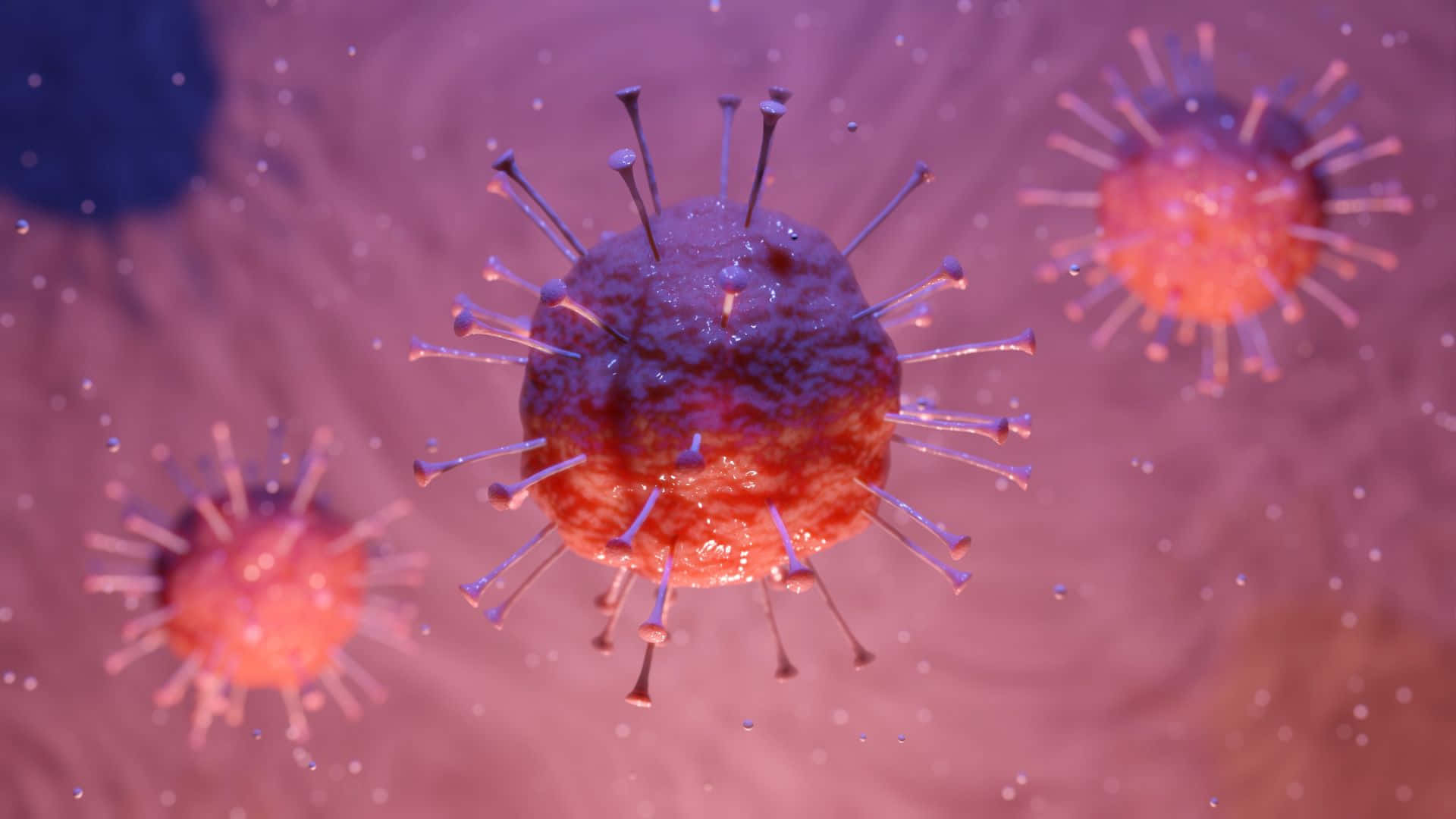 viral particles, spiky surfaces, hazy pinkish fluid, Full HD Desktop Wallpaper