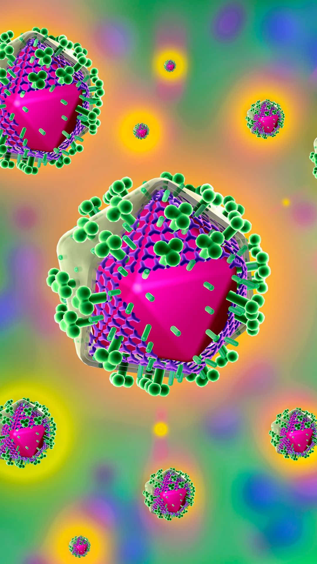 virus particles, pink cores, green spikes, Full HD Phone Wallpaper