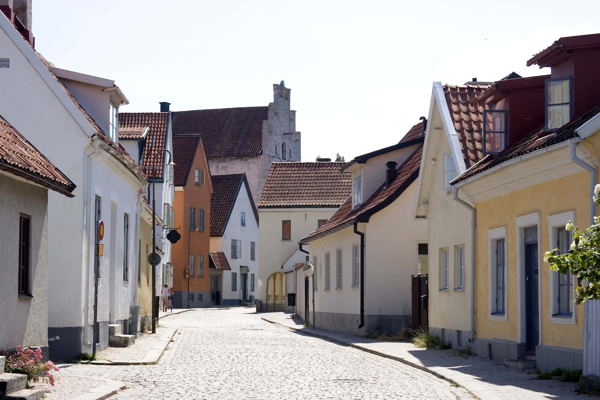 Visby, cobblestone street, colorful traditional houses, Full HD Desktop Wallpaper
