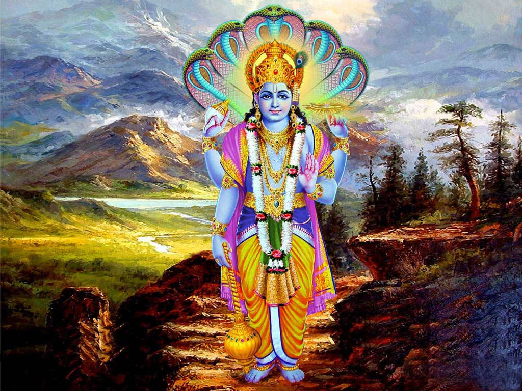 Vishnu HD, divine blue-skinned deity, multi-headed serpent crown, SD Desktop Wallpaper
