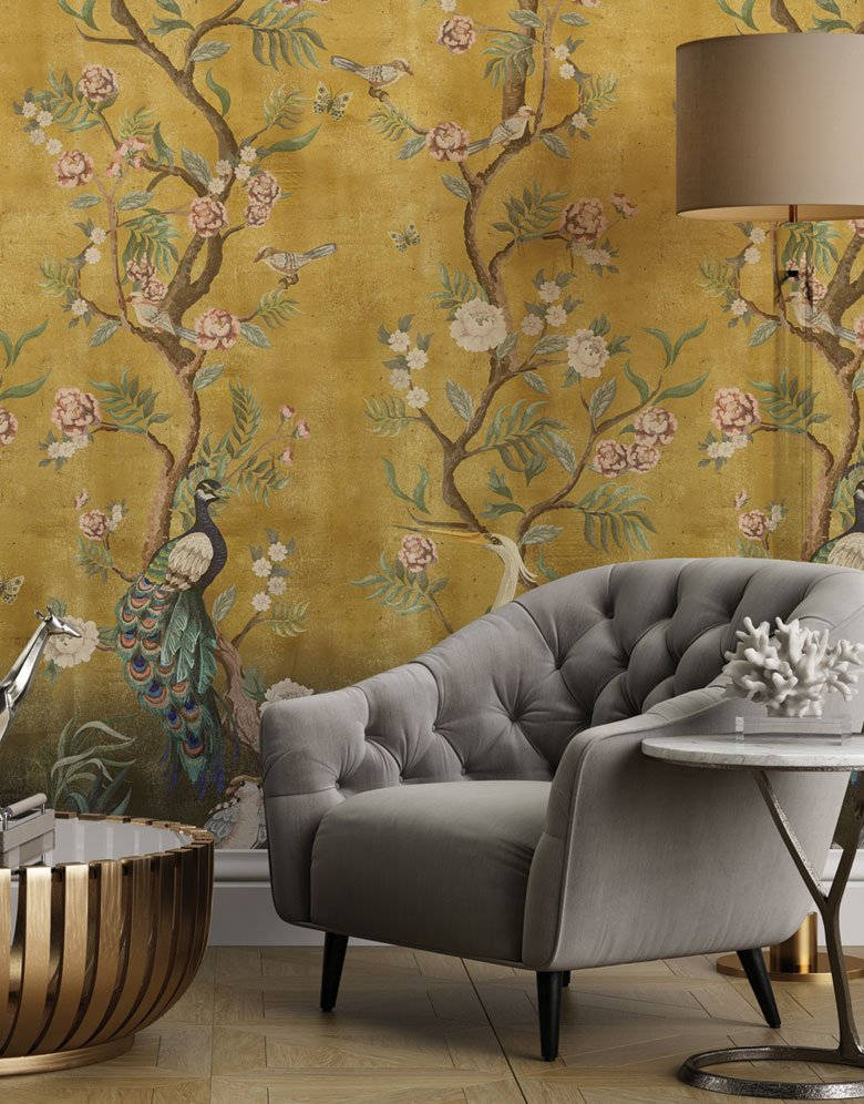 Chinoiserie Gold Wall, gray tufted armchair, golden wallpaper, SD Phone Wallpaper