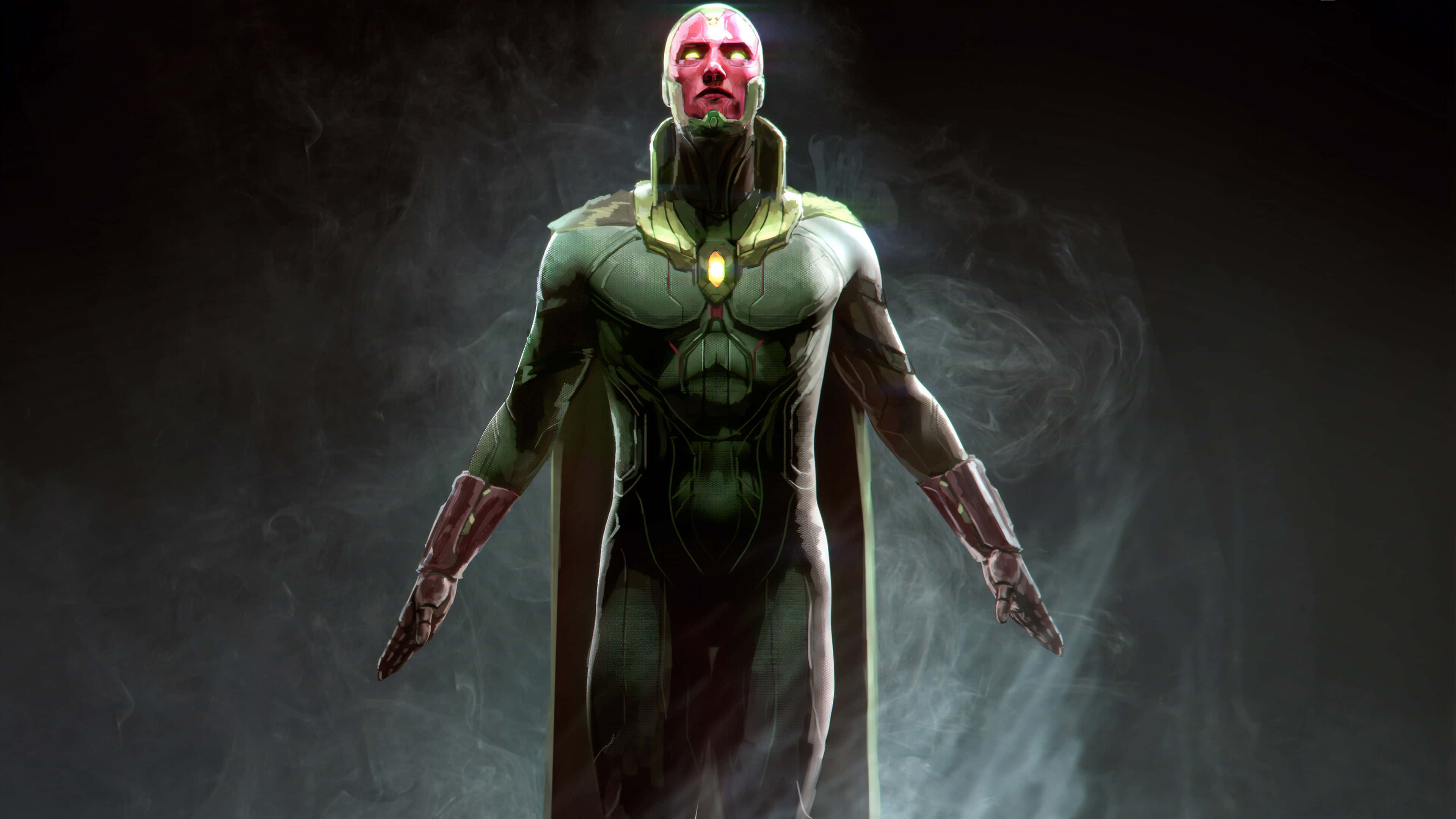 Vision Avengers, green-skinned superhero, glowing eyes, 4K Desktop Wallpaper